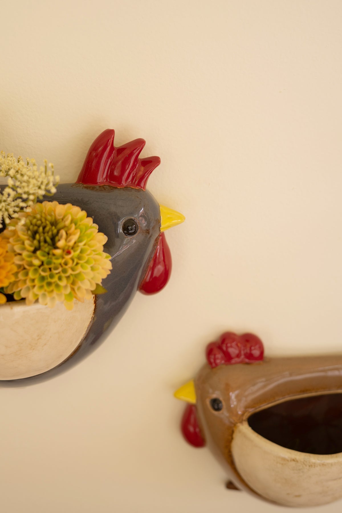 Set of Two Ceramic Chicken Wall Planters