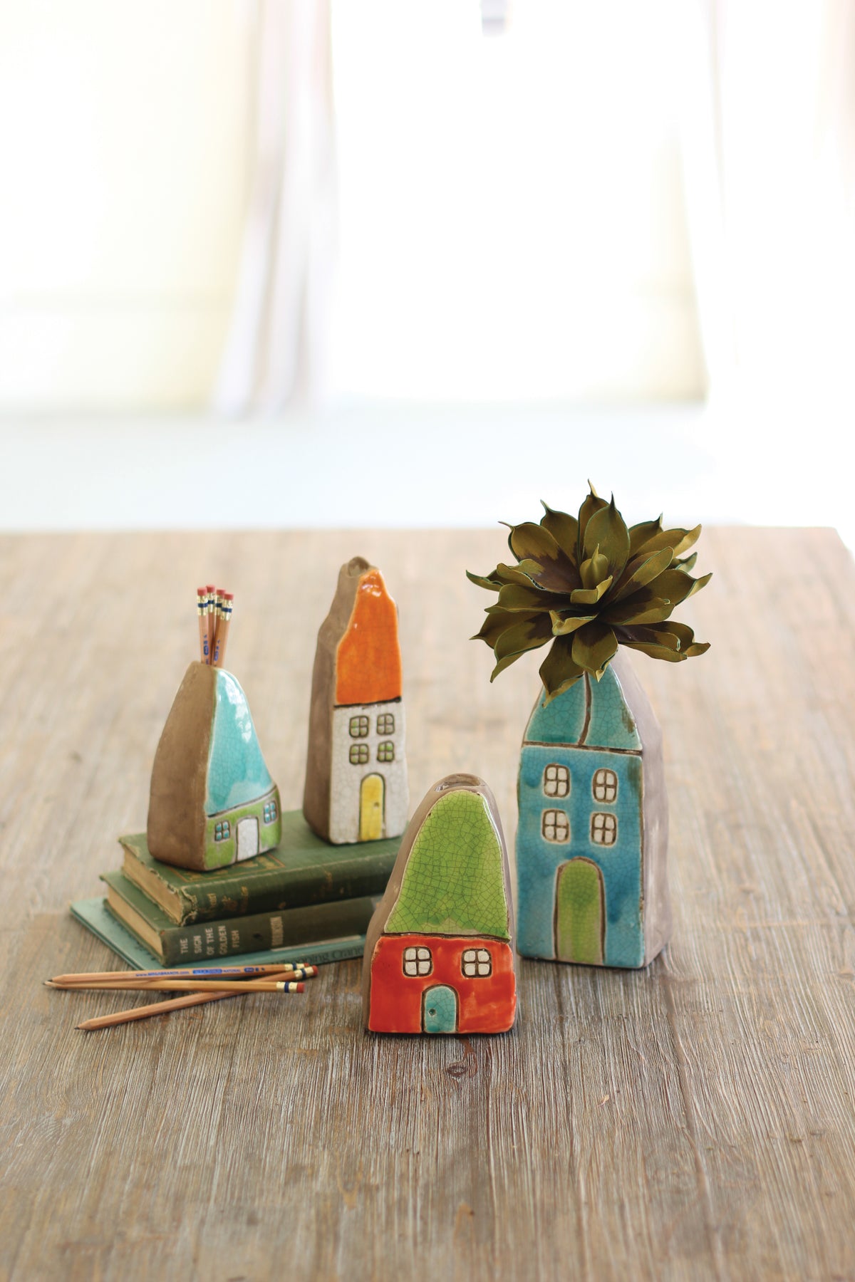 Set of Four Colorful Ceramic House Bud Vases