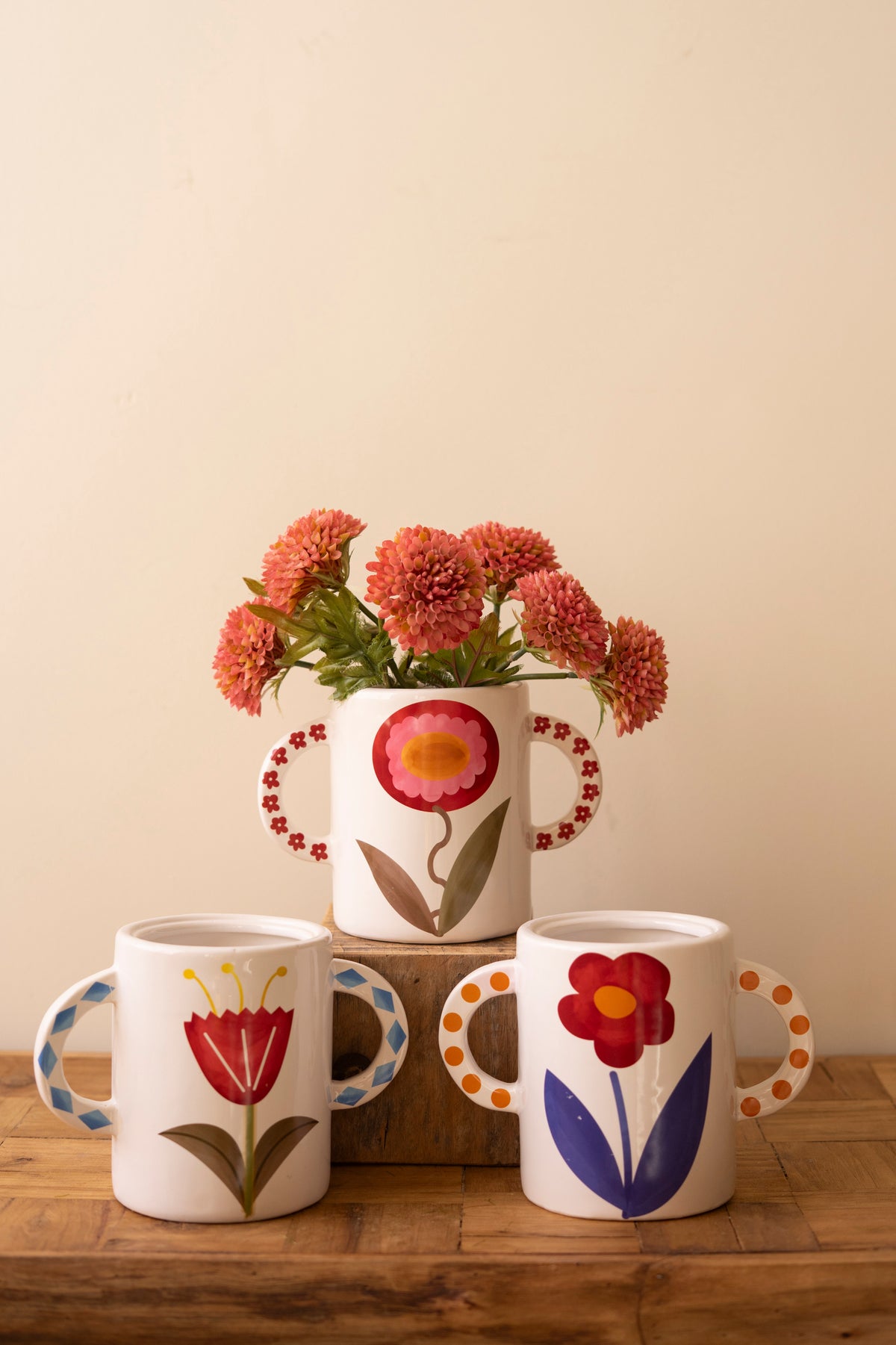 Set of Three Ceramic Doule Handle Vases with Flowers