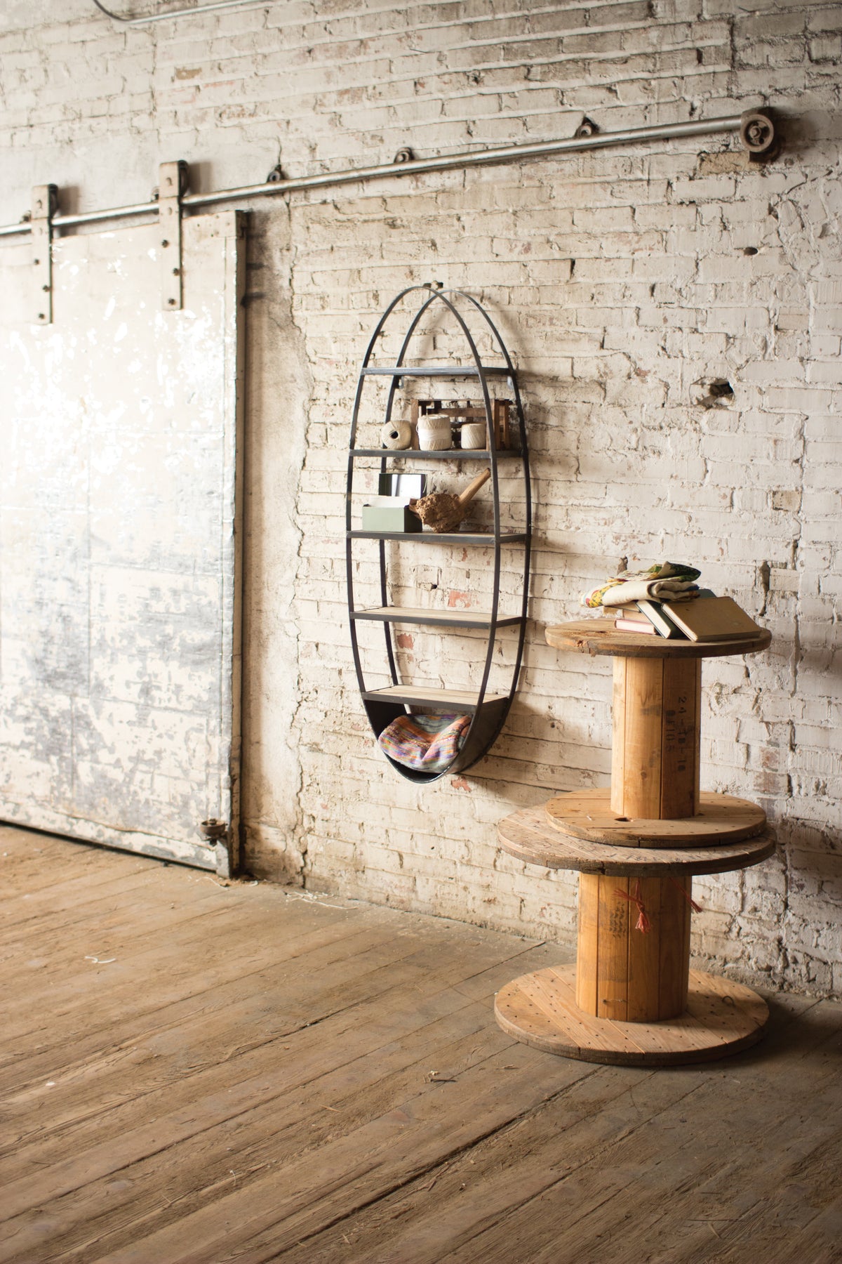 Metal and Wood Oval Wall Shelf