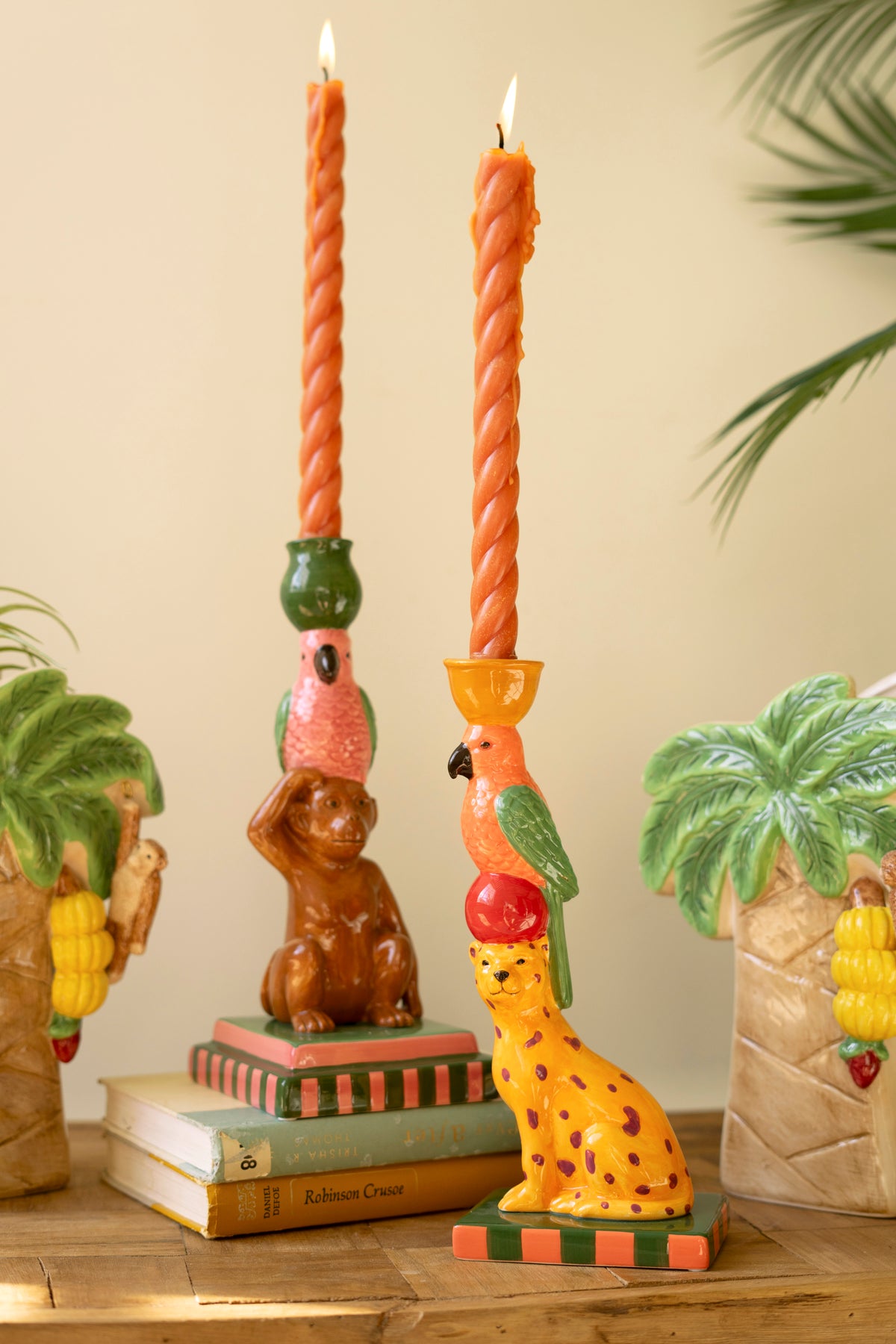 Set of Two Ceramic Cheetah and Monkey Taper Candle Holders