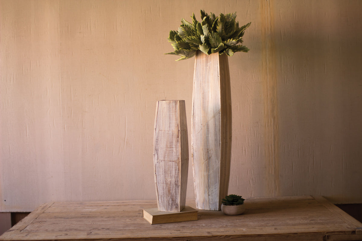 Set of Two White-Washed Tall Oblong Wooden Vases