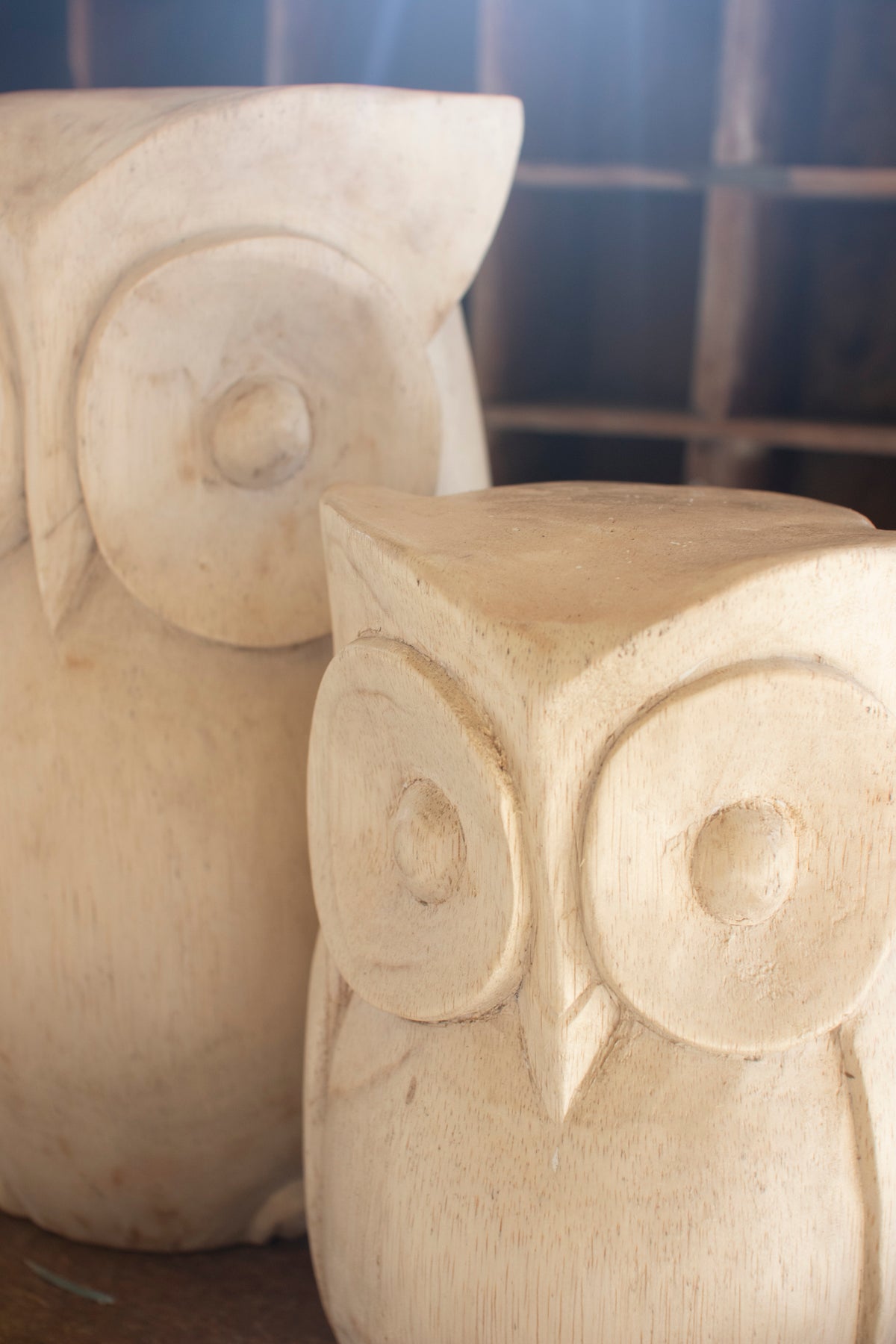 Set of Two Carved Wooden Owls