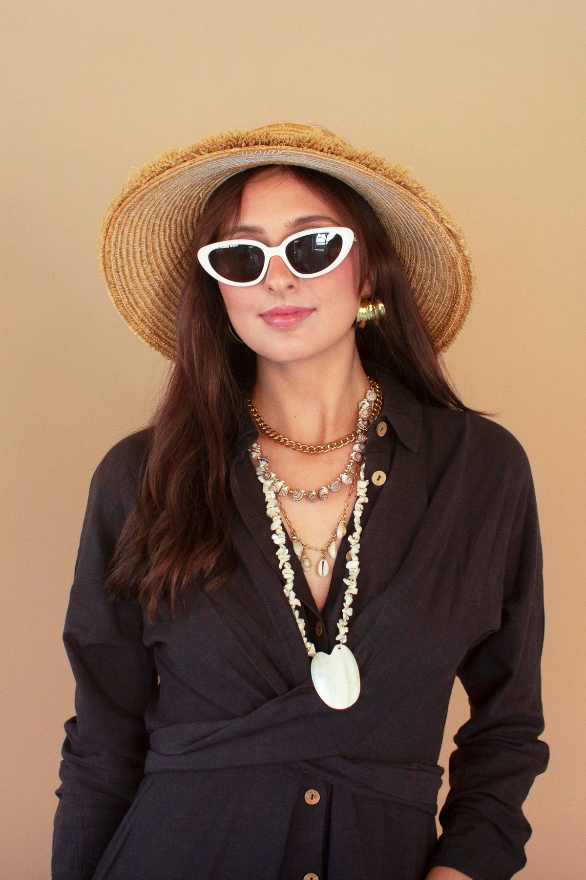 Long-Sleeve Buttondown Dress with Front-Tie - Midnight