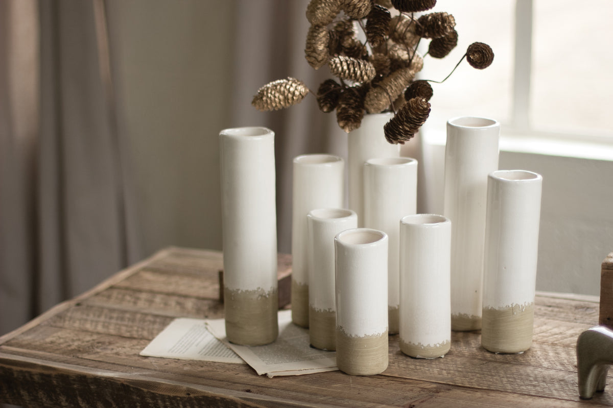 Set of Nine White Ceramic Cylinder Bud Vases
