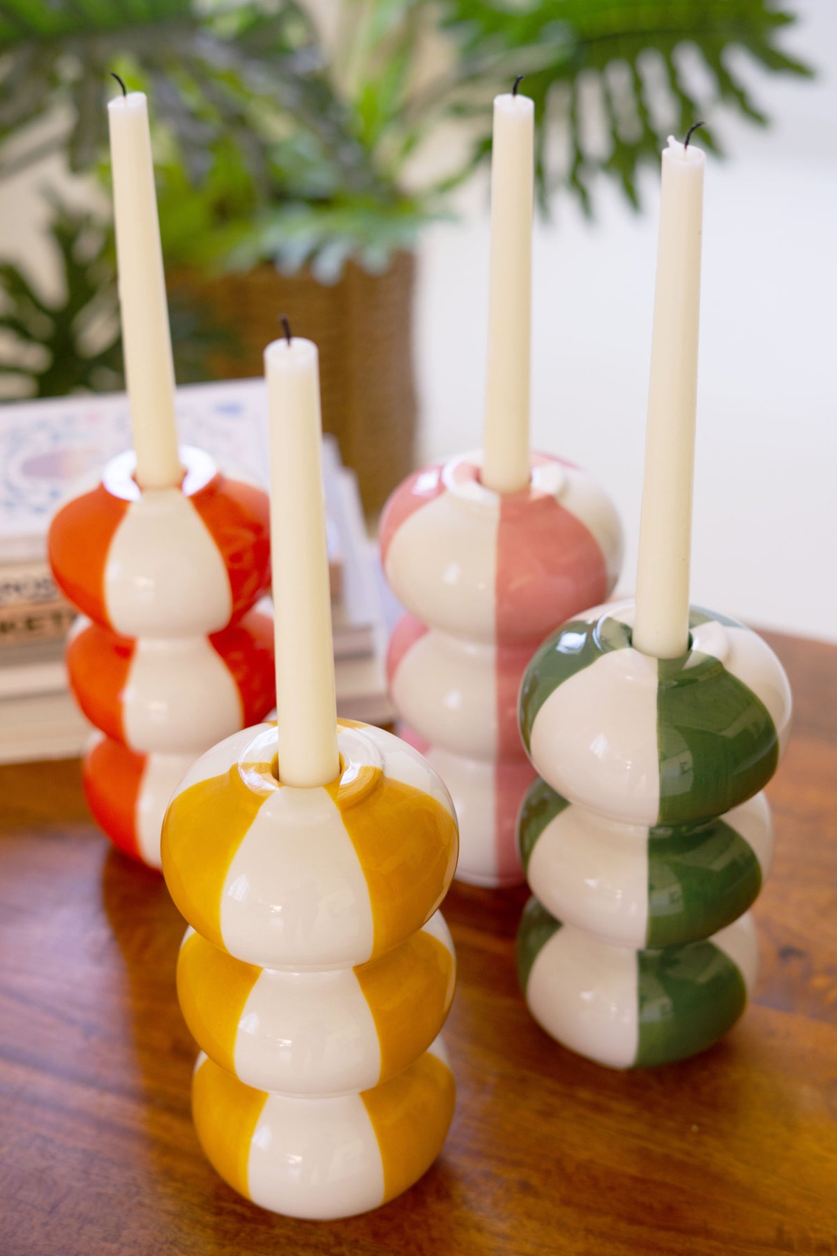 Set of Four Ceramic Striped Taper Candle Holders