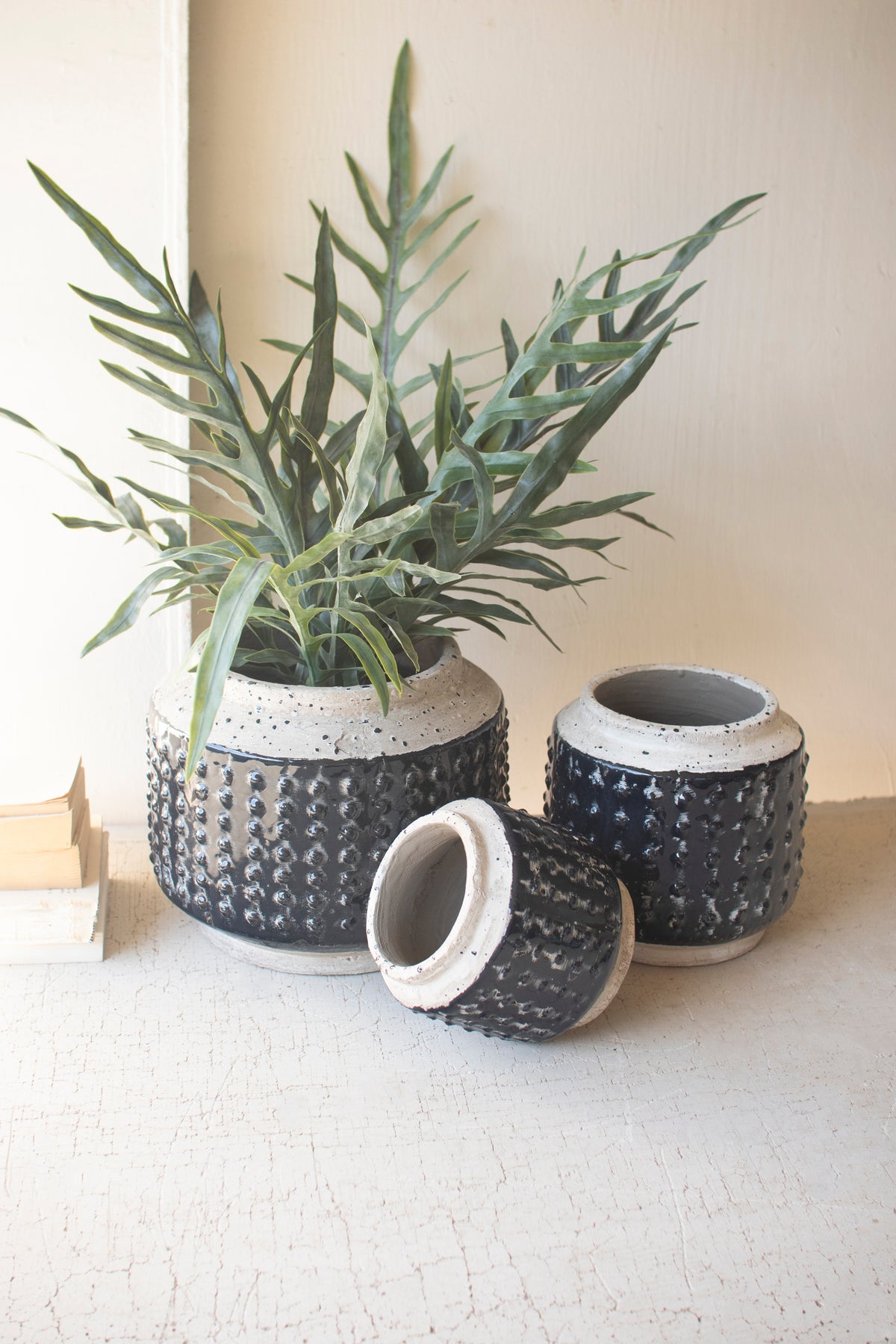 Set of Three Dark Blue Knobby Ceramic Pots