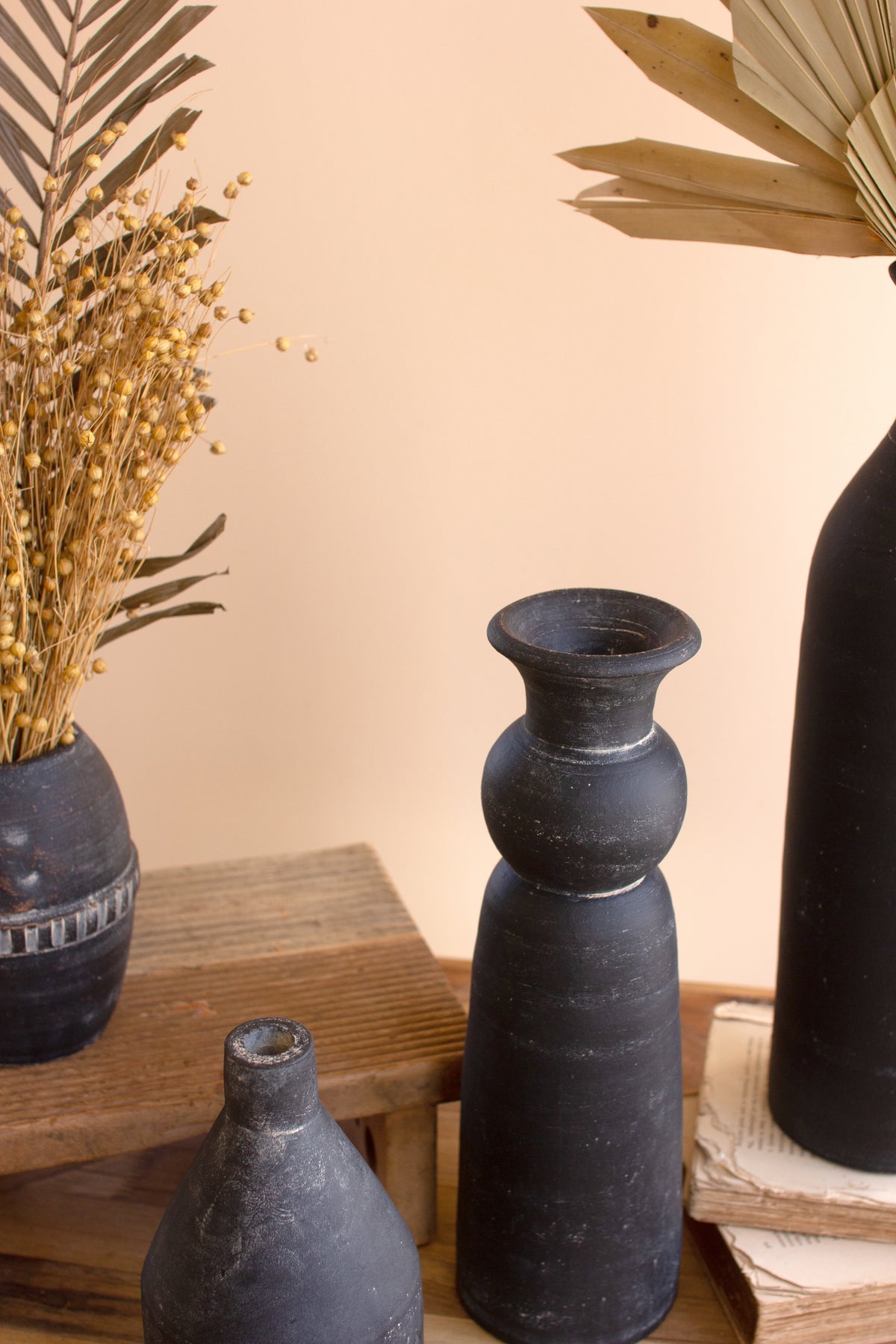 Set of Five Modern Black Clay Vases