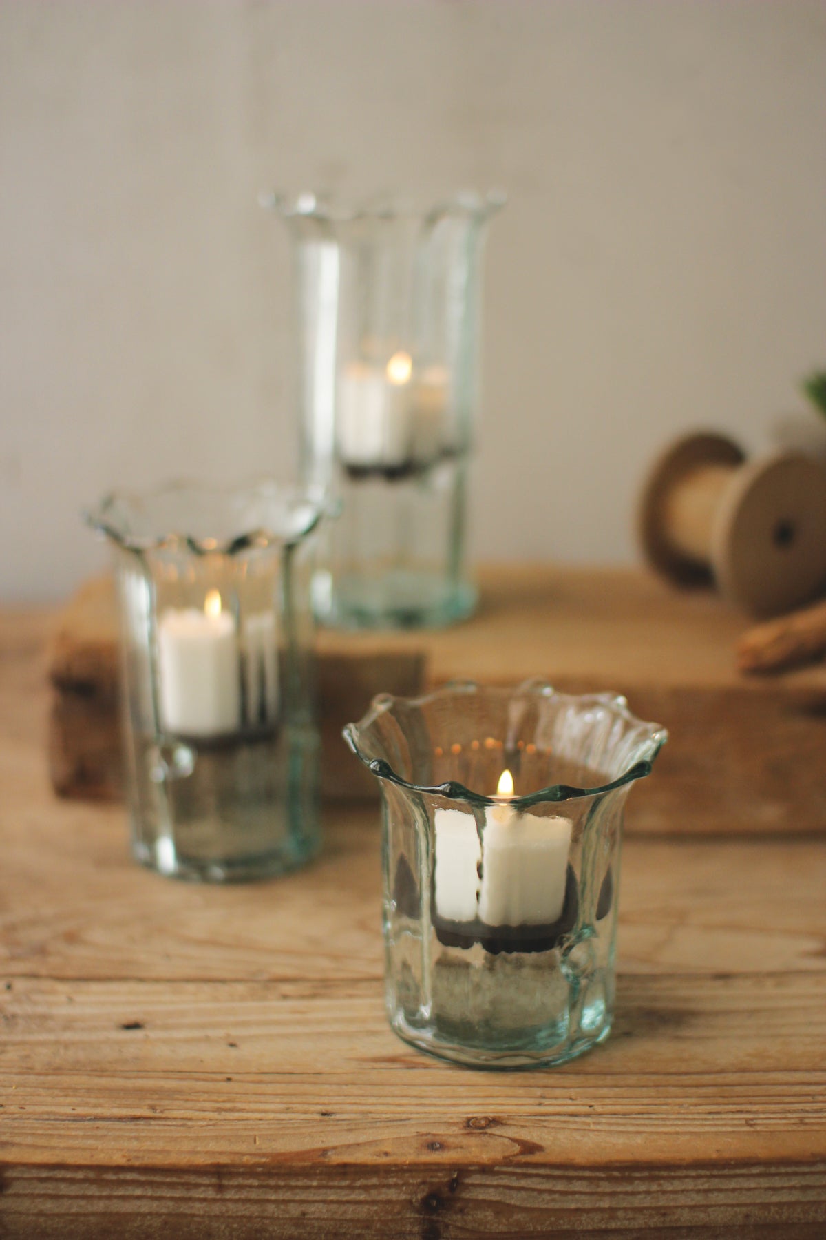 Set of Three Recycled Glass Ribbed Votive Cylinders