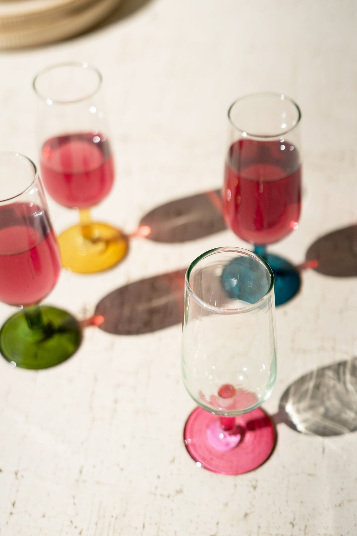 Set of Four Apertif Glasses with Colored Stems - One Each