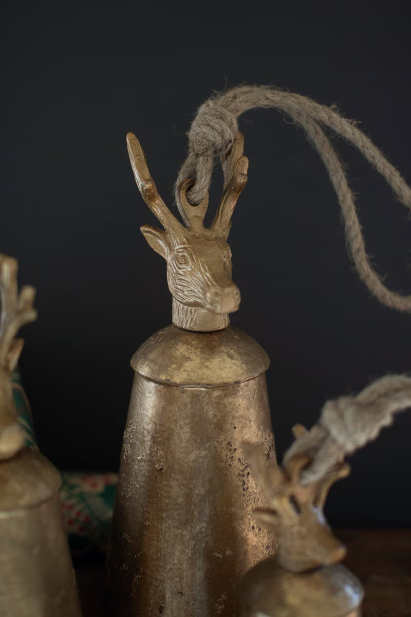 Antique Gold Christmas Bells with Deer Finials - Set of 3