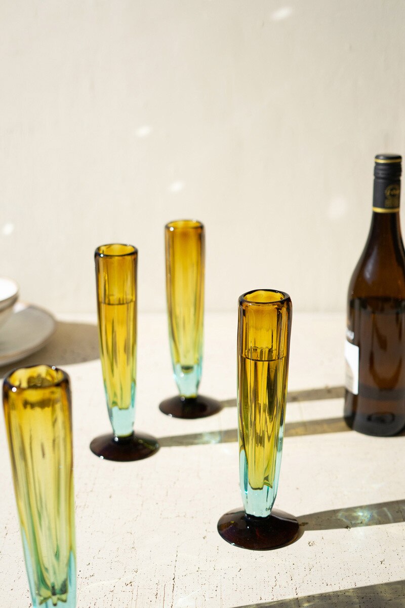 Blue and Amber Recycled Champagne Glasses - Set of 6