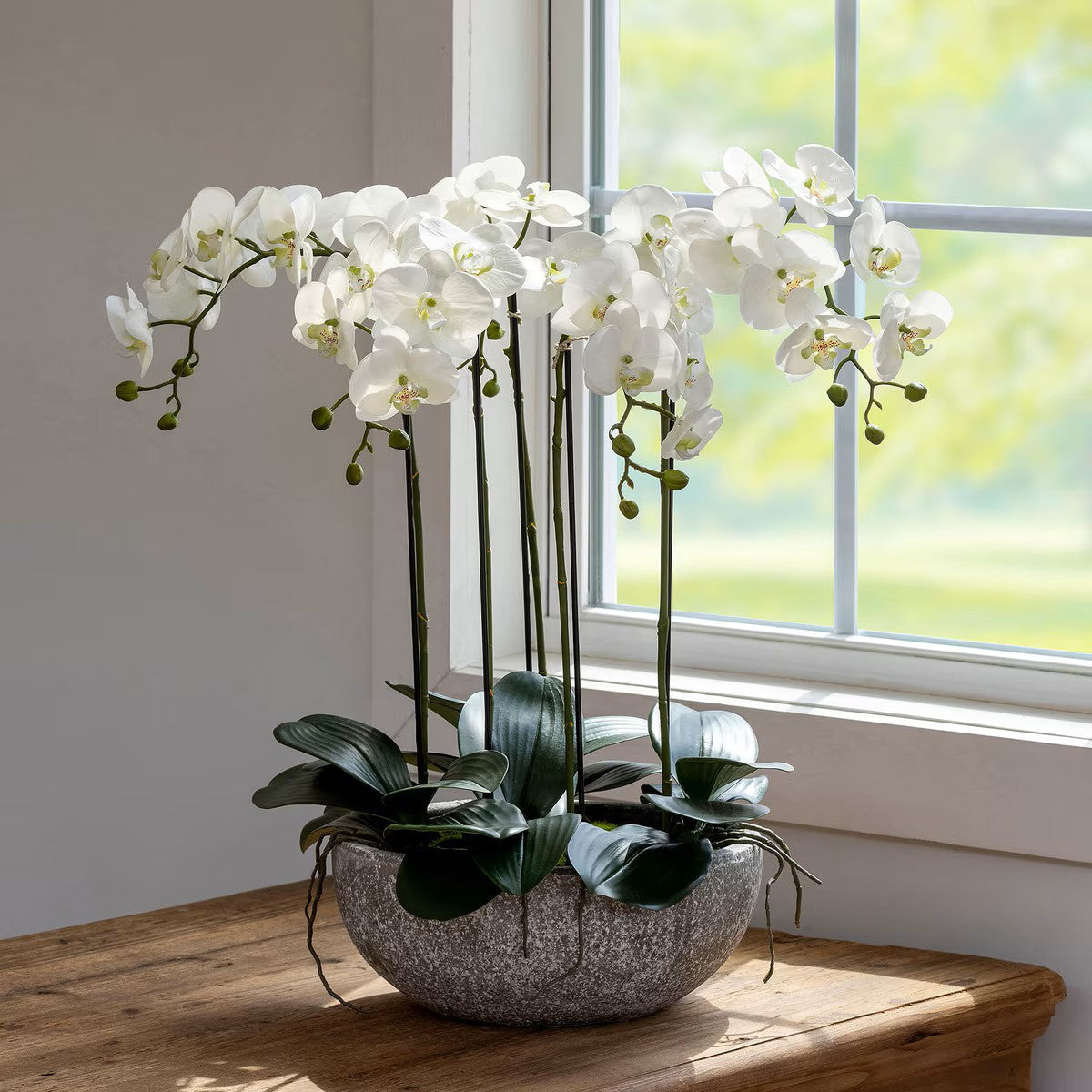 Faux Orchid Plant in Concrete Bowl
