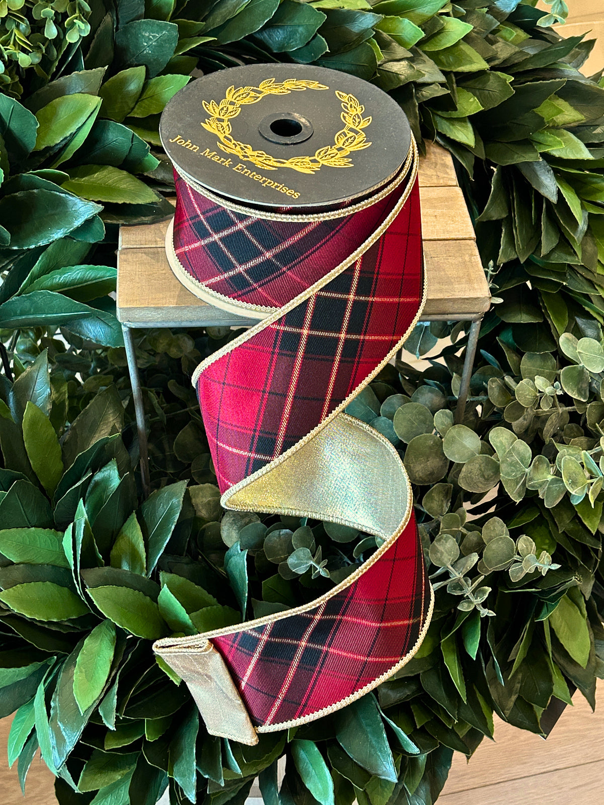 Burgundy Plaid w/ Metallic Gold - 2.5”x10yds