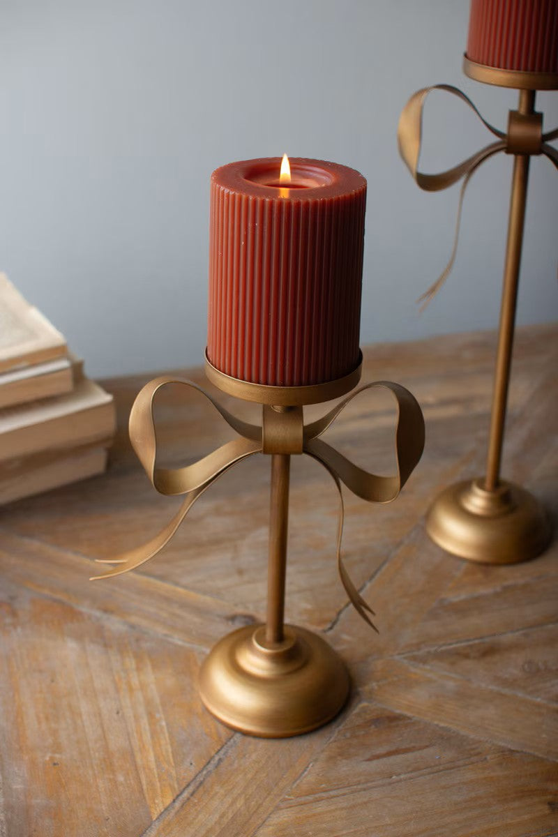 Set of 3 Antique Brass Pillar Candle Stands with Bow Detail