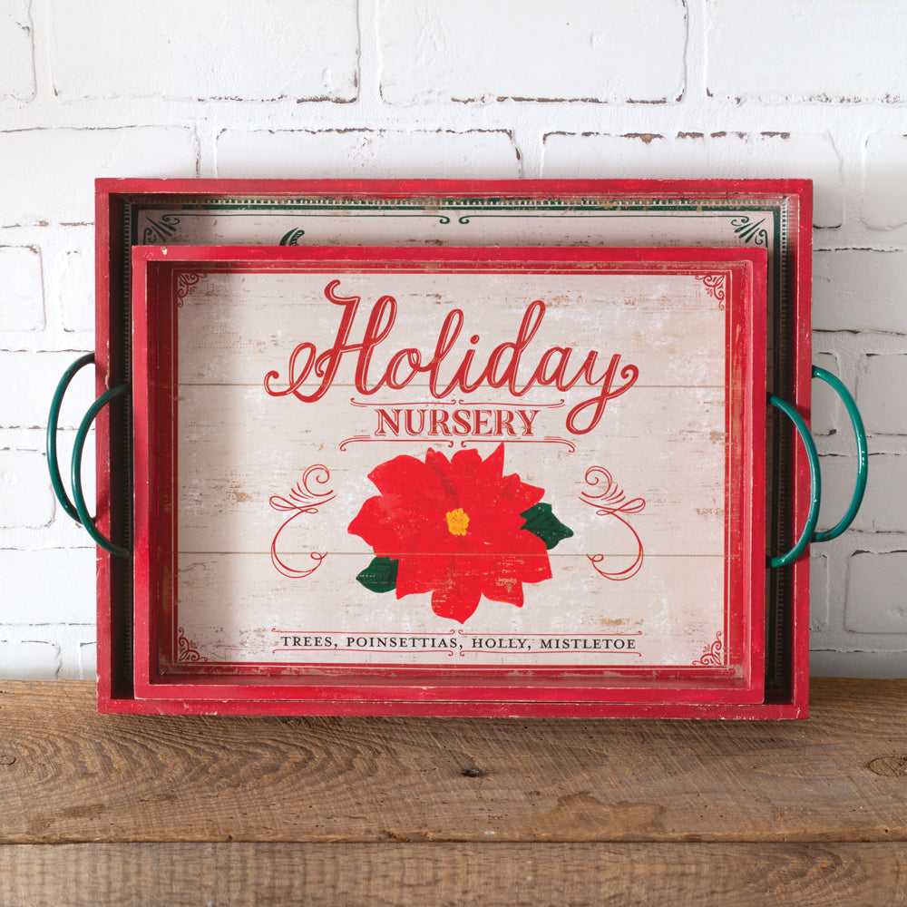 Wood Holiday Serving Trays - Set of 2