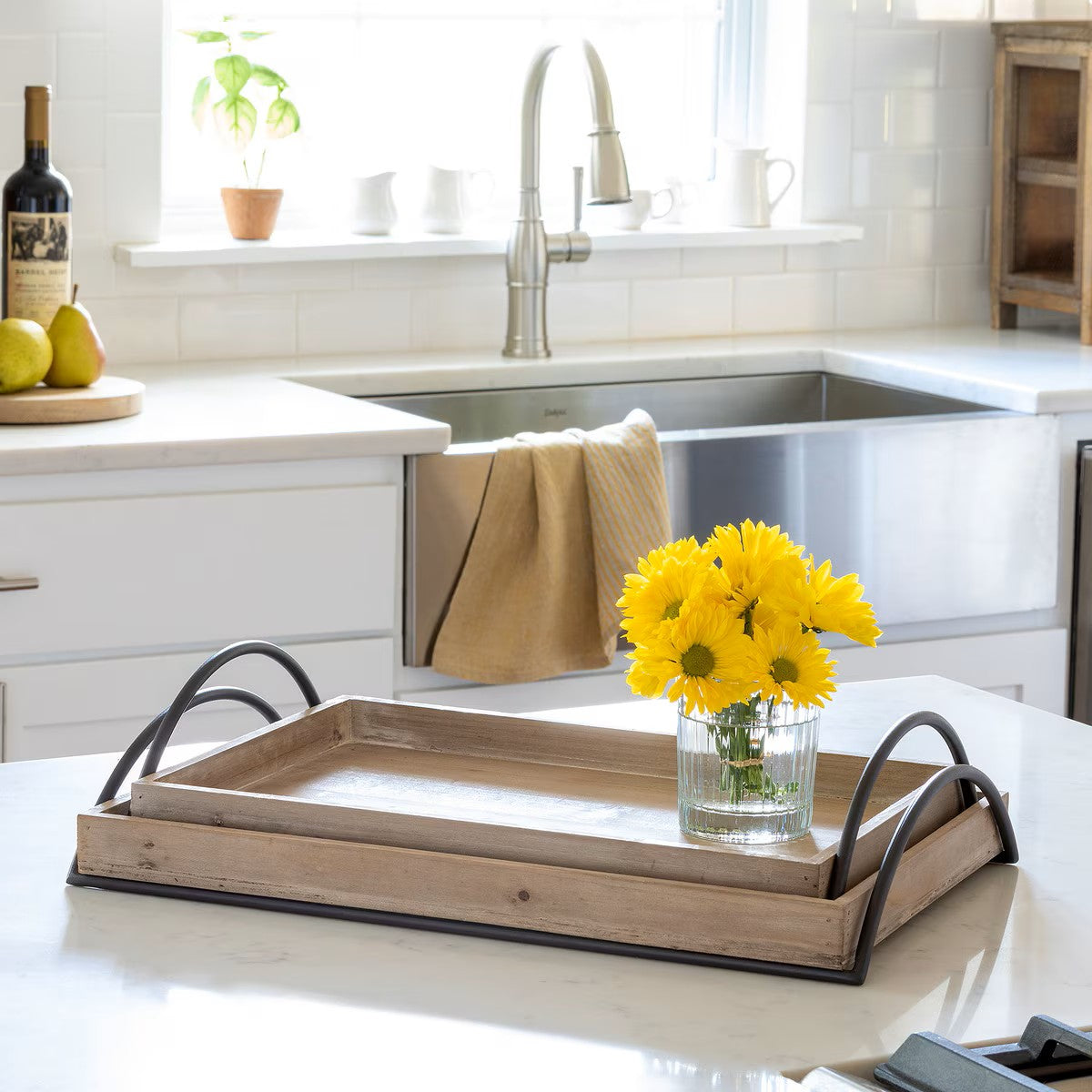 Wood Trays with Iron Handles, Set of 2