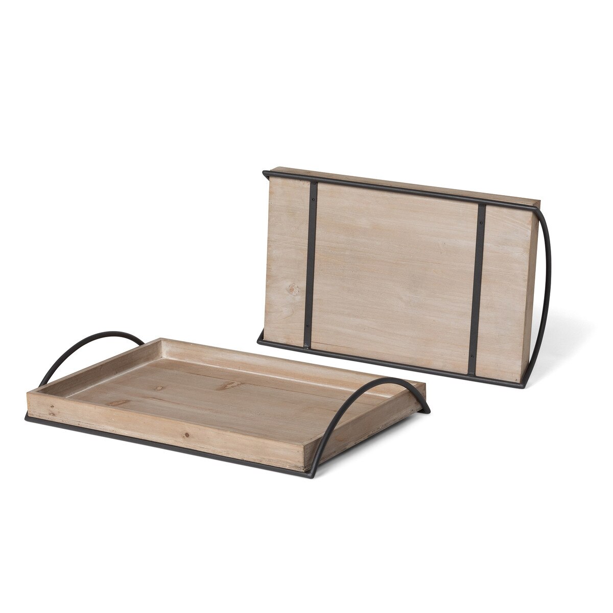 Wood Trays with Iron Handles, Set of 2
