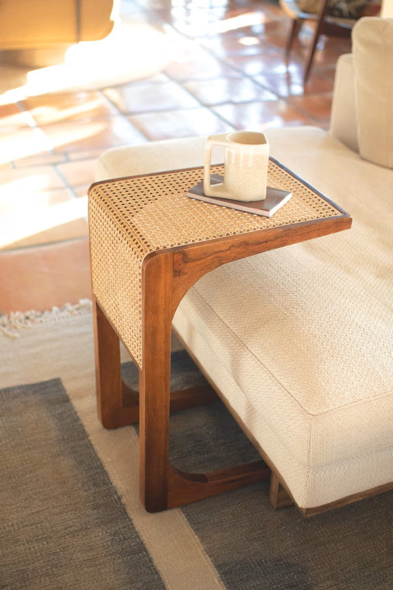 Woven Cane and Wood Side Table