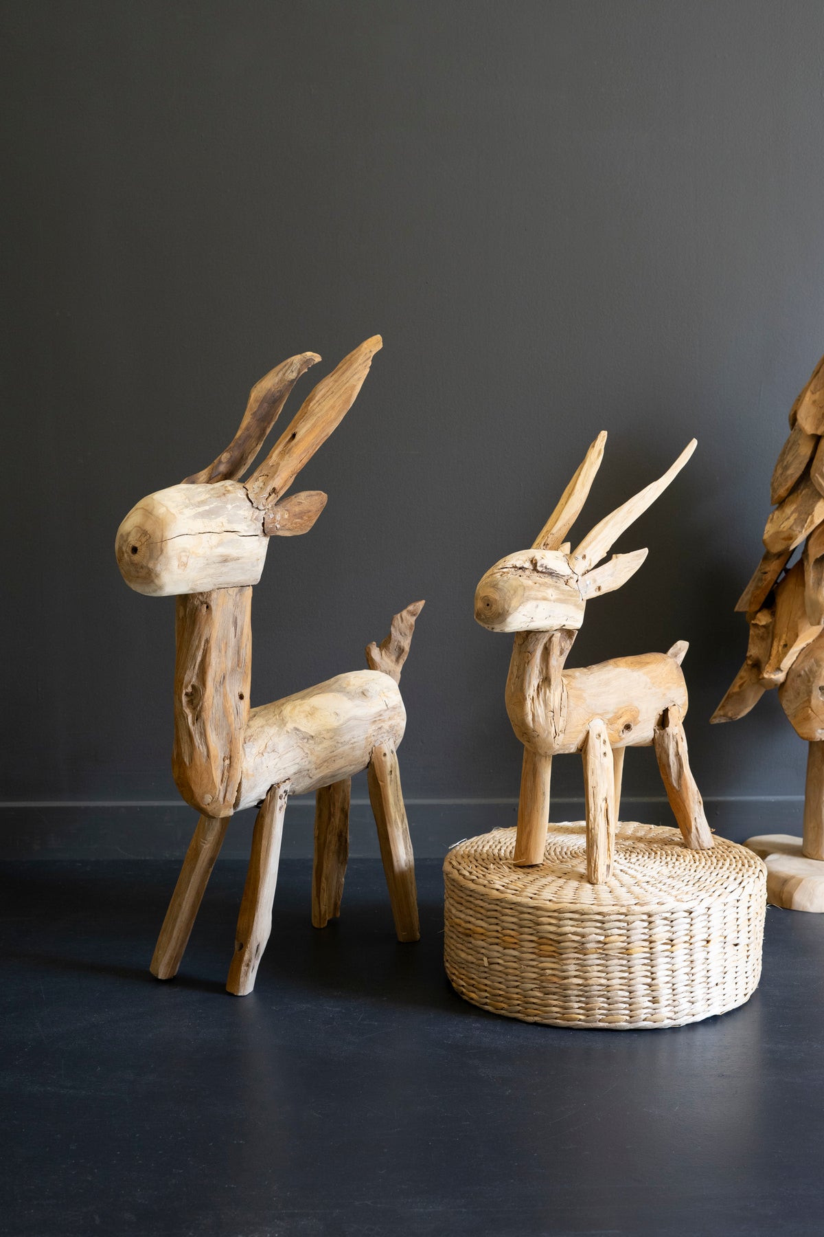 Set of Two Rustic Teak Reindeer