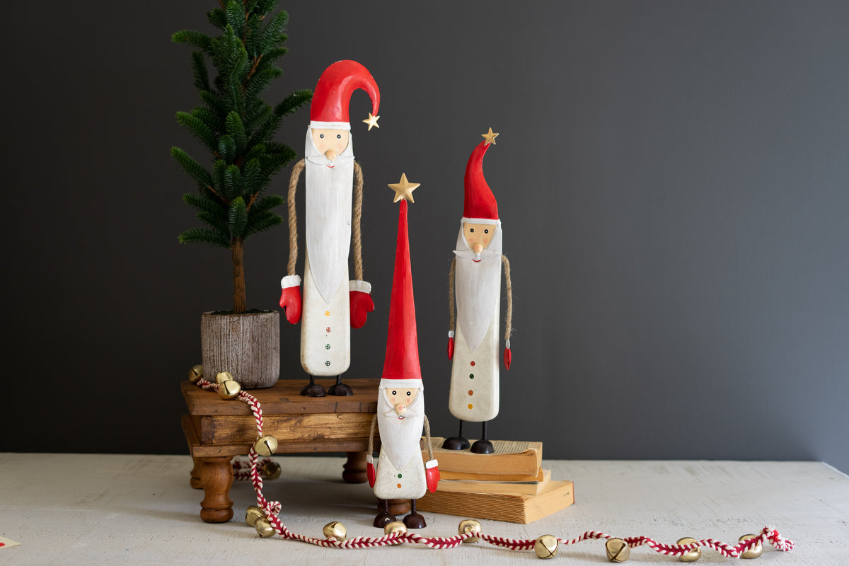 Set of Three Painted Metal and Wood Santas with Rope Arms