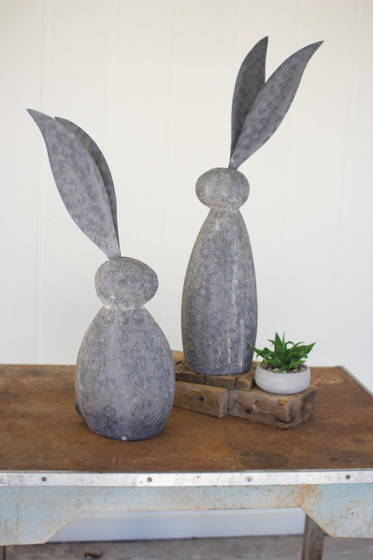Faux Stone Rabbit with Tall Metal Ears