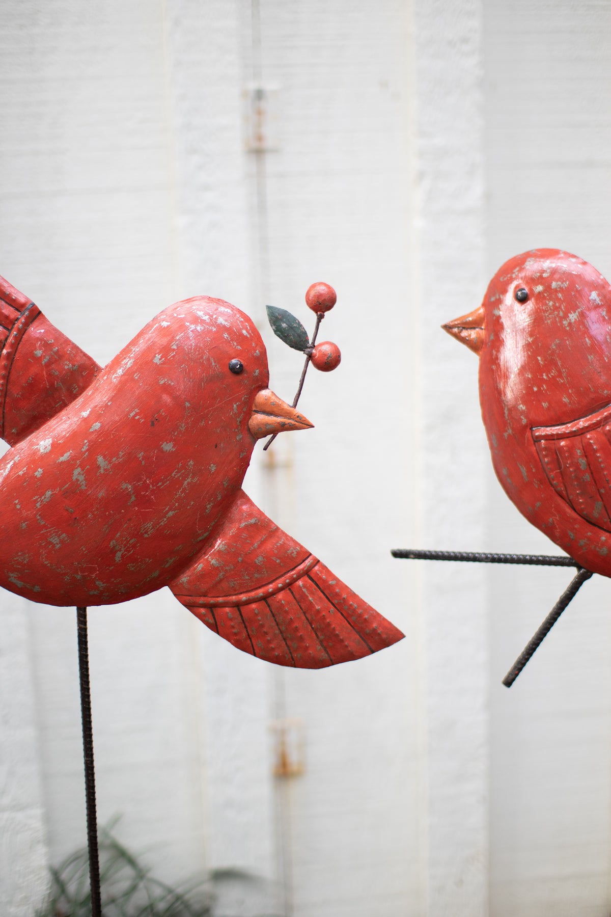 Set of Two Hand-Hammered Red Bird Yard Stakes