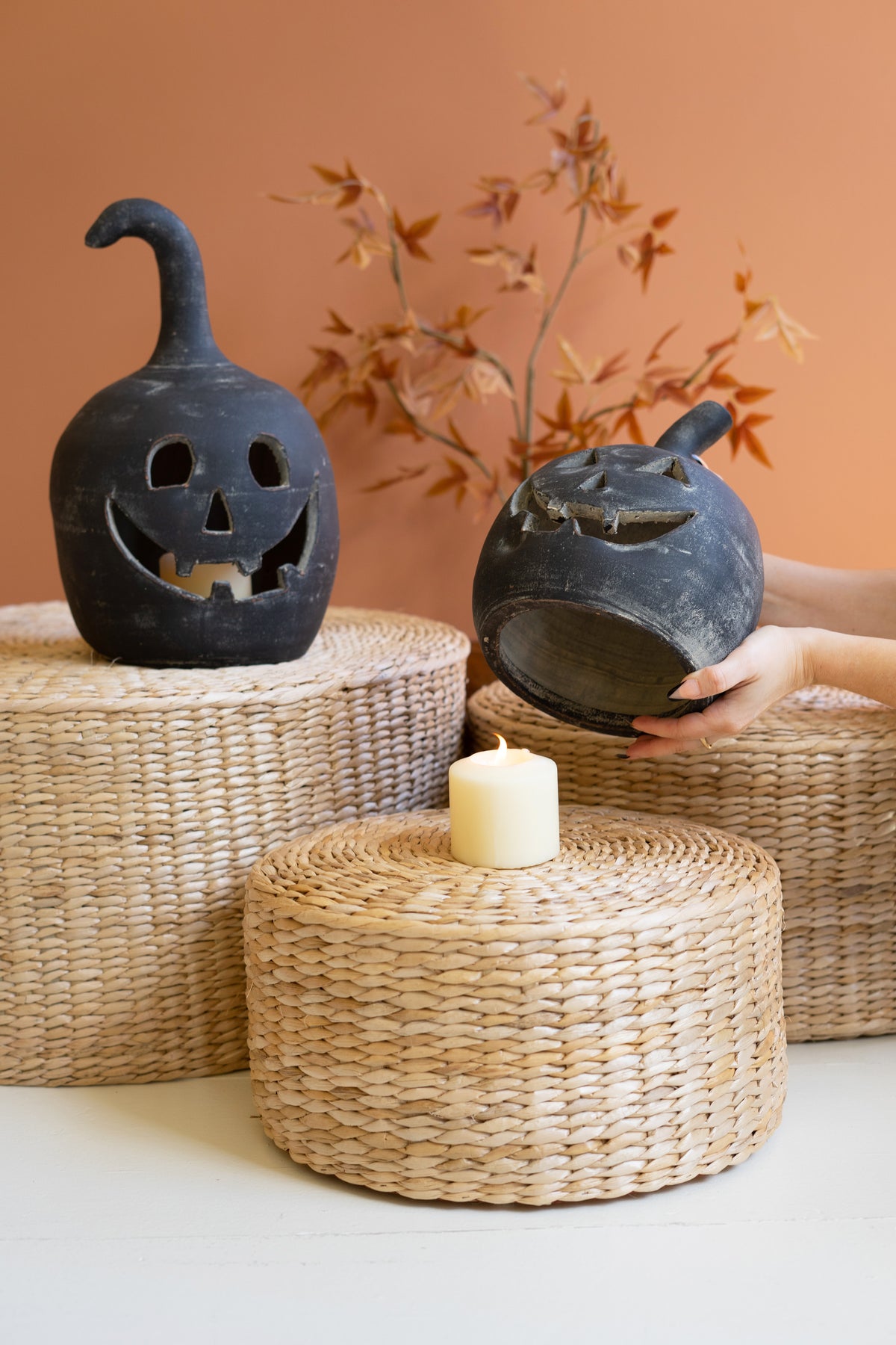 Set of Two Black Clay Jack-O-Lanterns