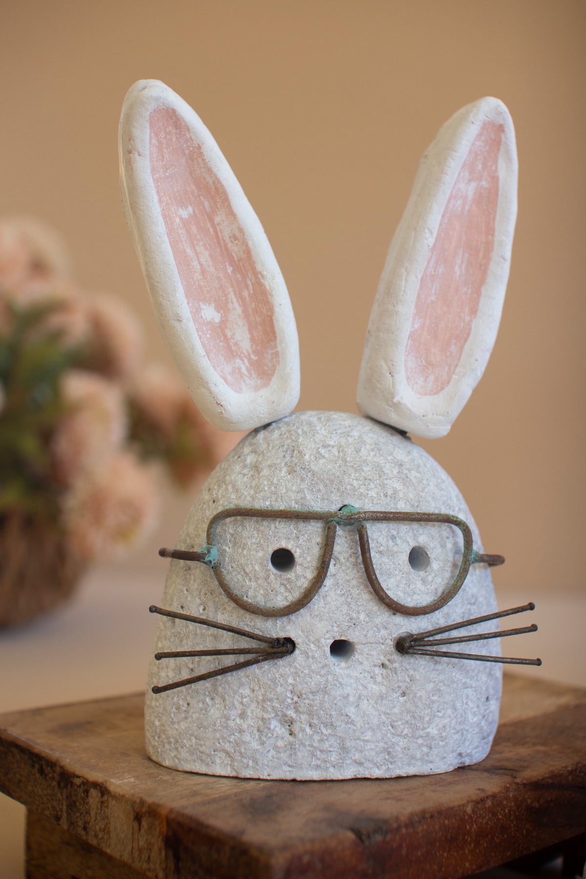 Set of Two White-Wash Clay and River Rock Bunnies