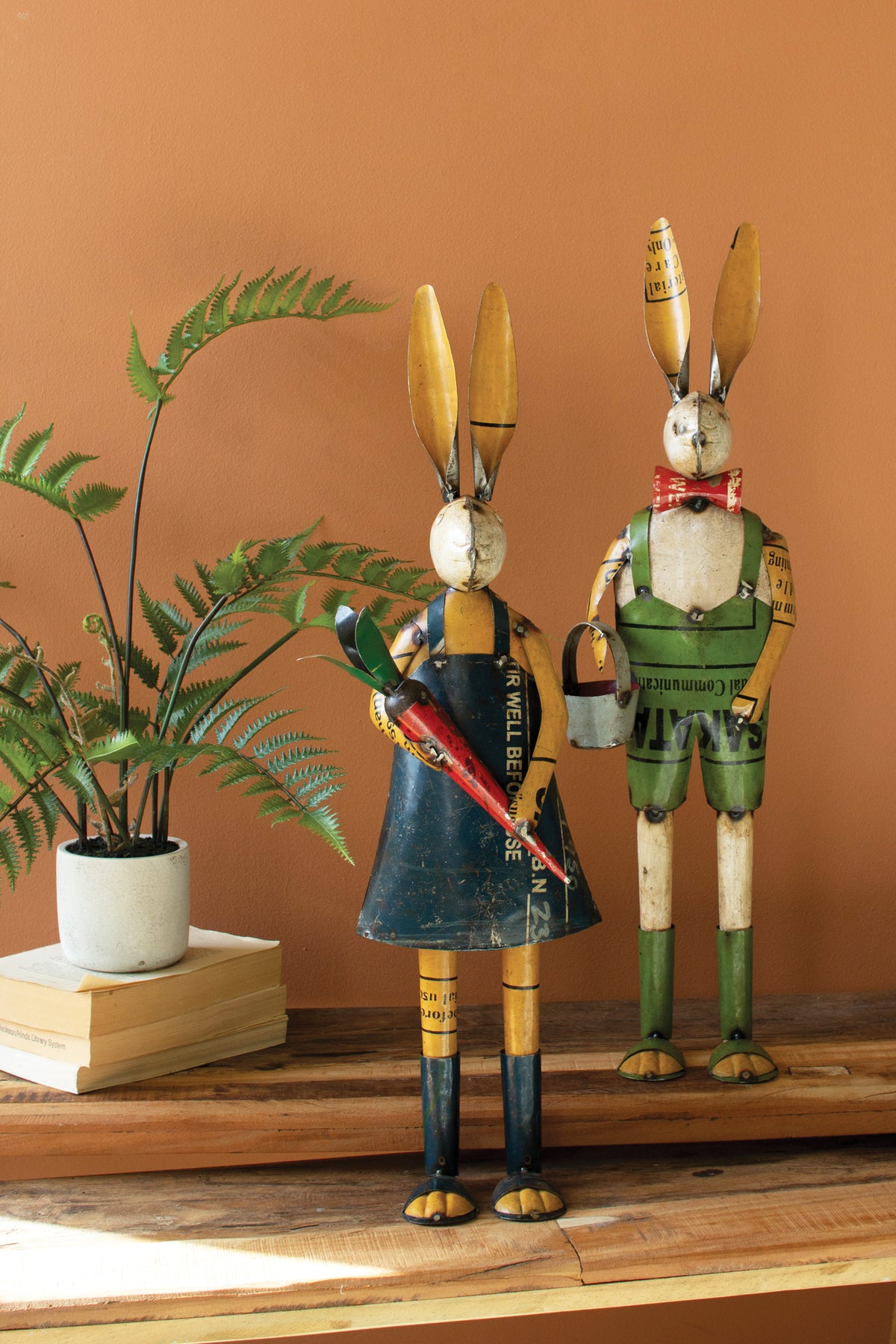Set of Two Recycled Metal Rabbits with Bucket and Carrot