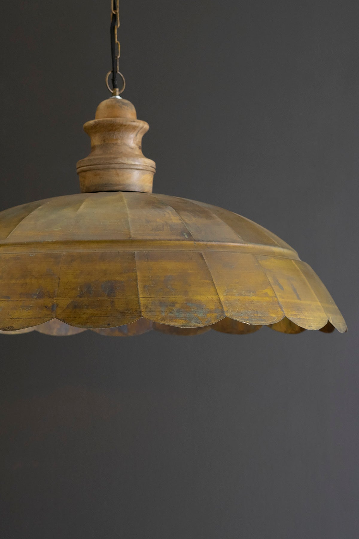 Antique Brass Pendant Light with Wood Detail 31" Dia.
