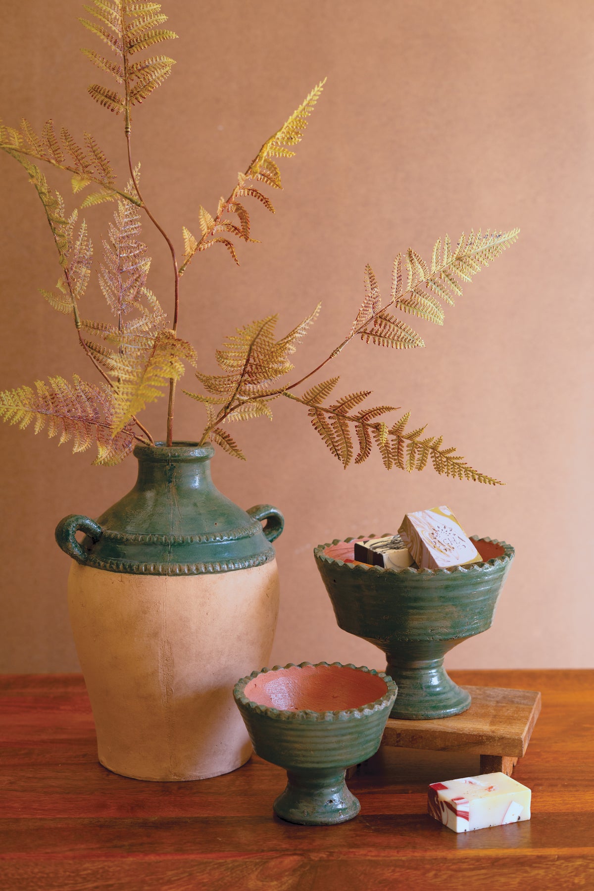 Set of Two Clay Compotes - Green and Terracotta