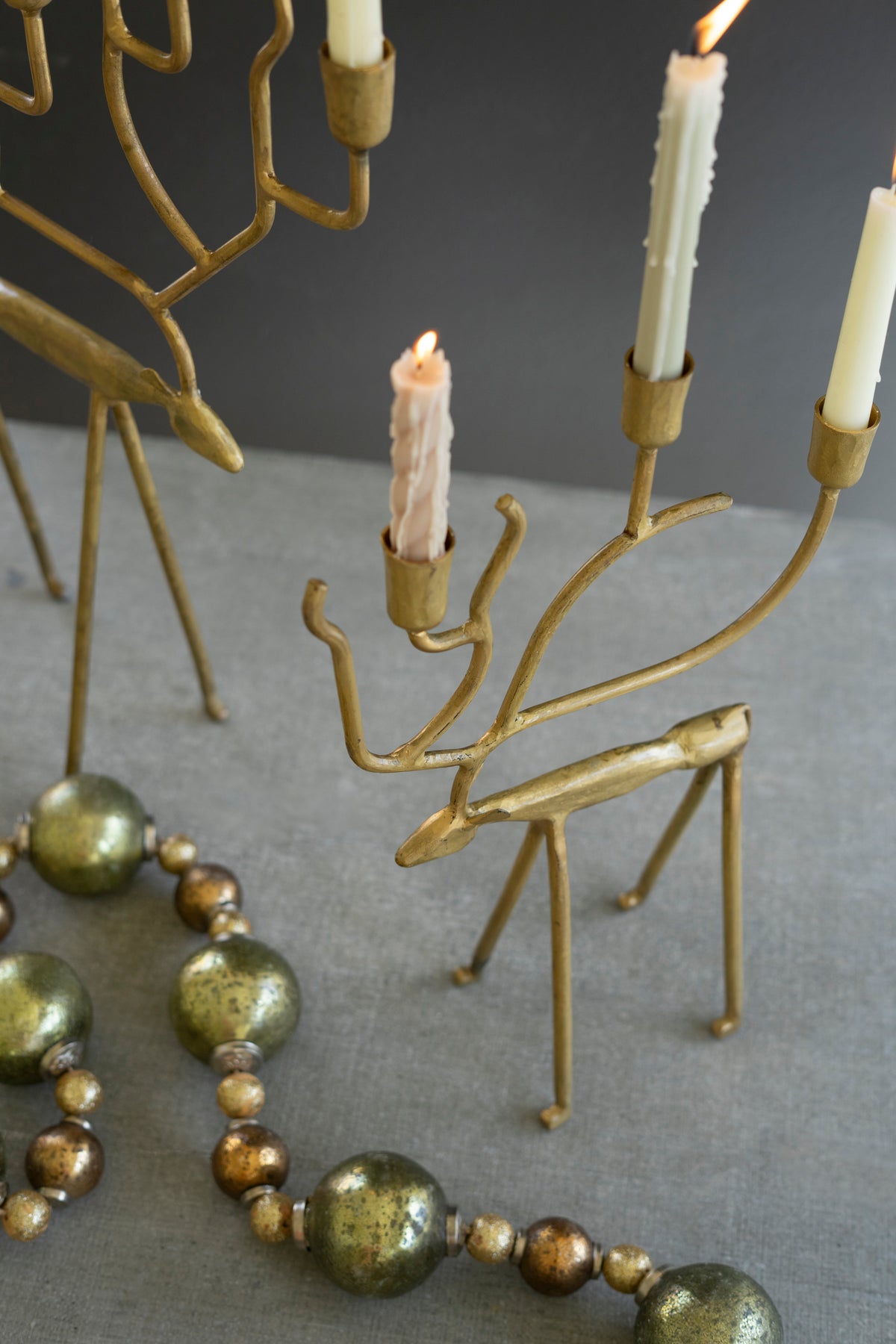 Set of Two Antique Gold Forged Christmas Deer Candelabras