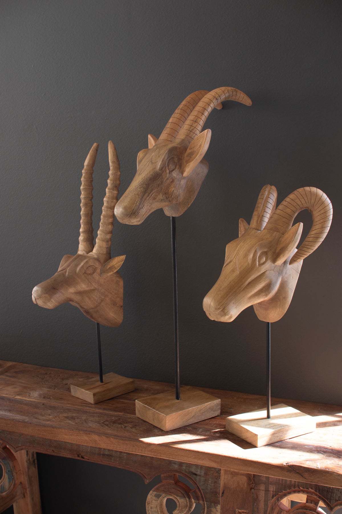 Set of Three Carved Mango Wood African Animal Heads