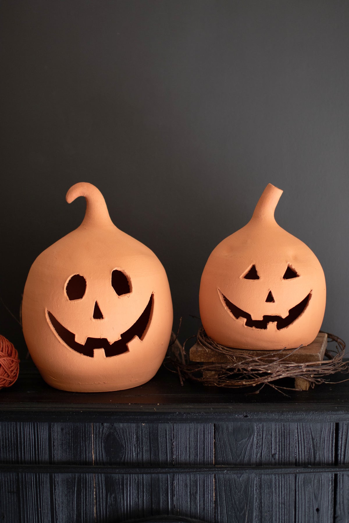 Set of Two Terracotta Clay Jack-O-Lanterns