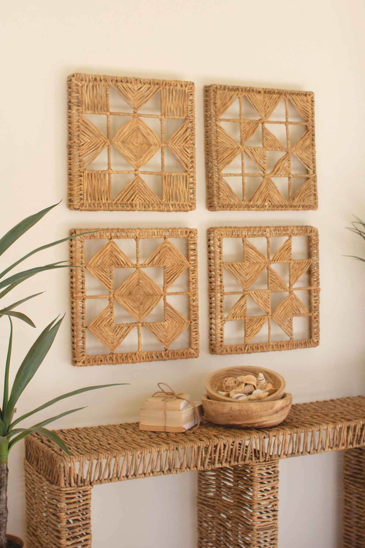 Set of Four Seagrass and Iron Quilt Pattern Wall Art