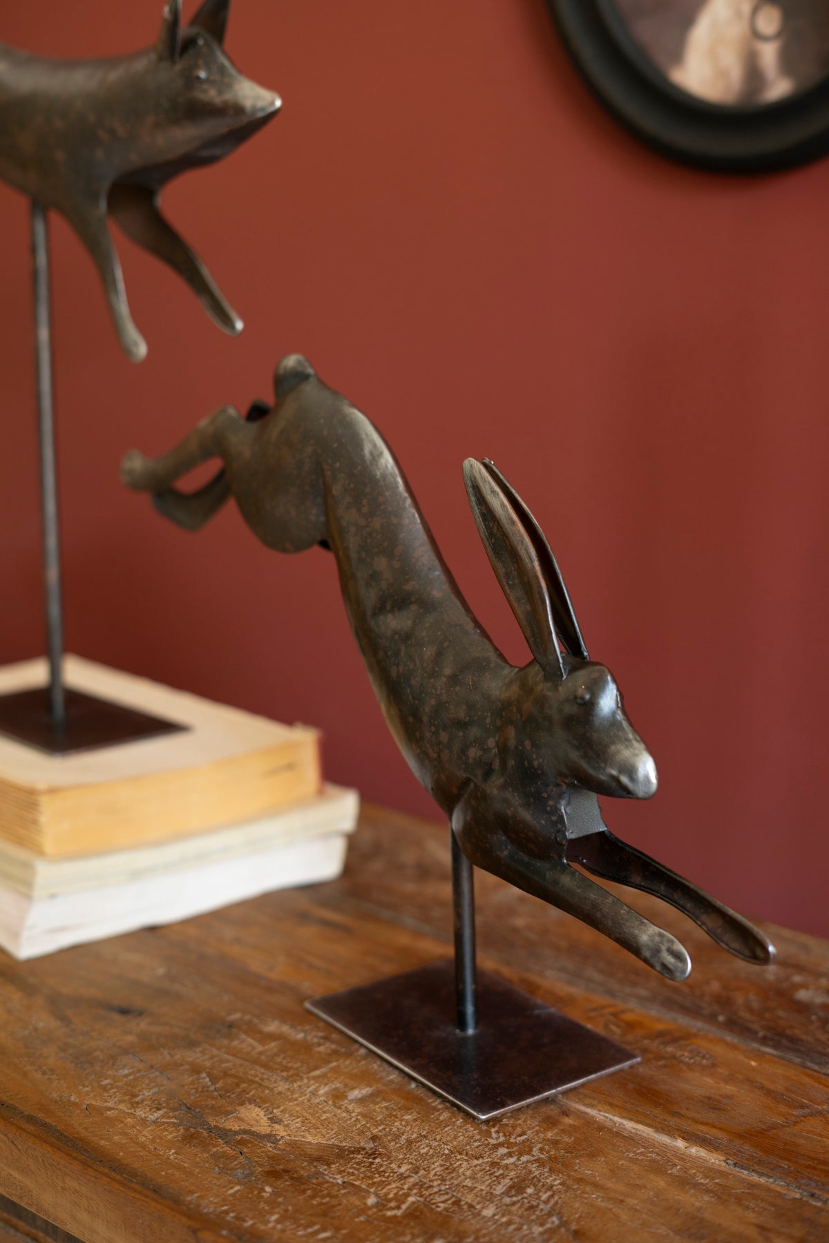 Set of Two Metal Fox and Rabbit on Stands