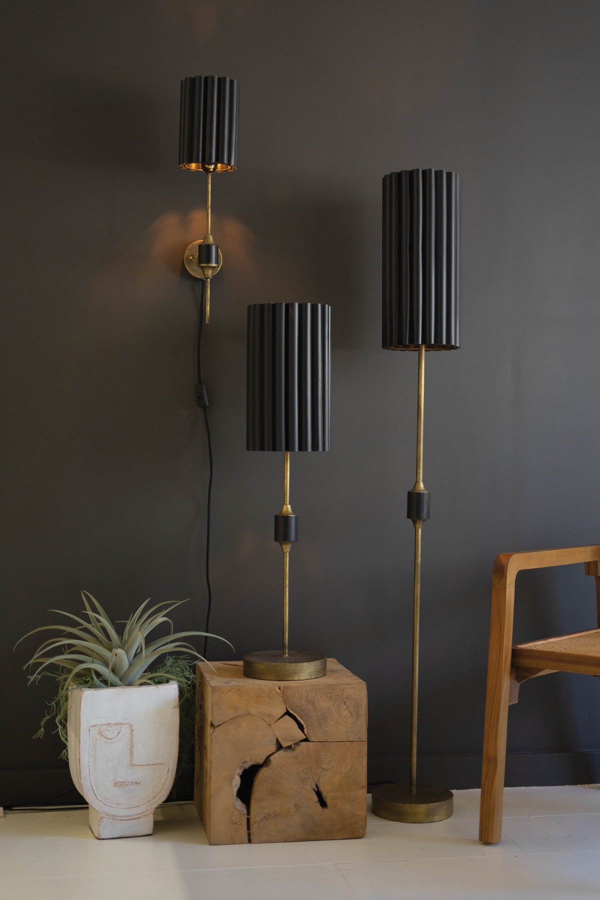 Antique Gold Floor Lamp with Fluted Black Metal Shade