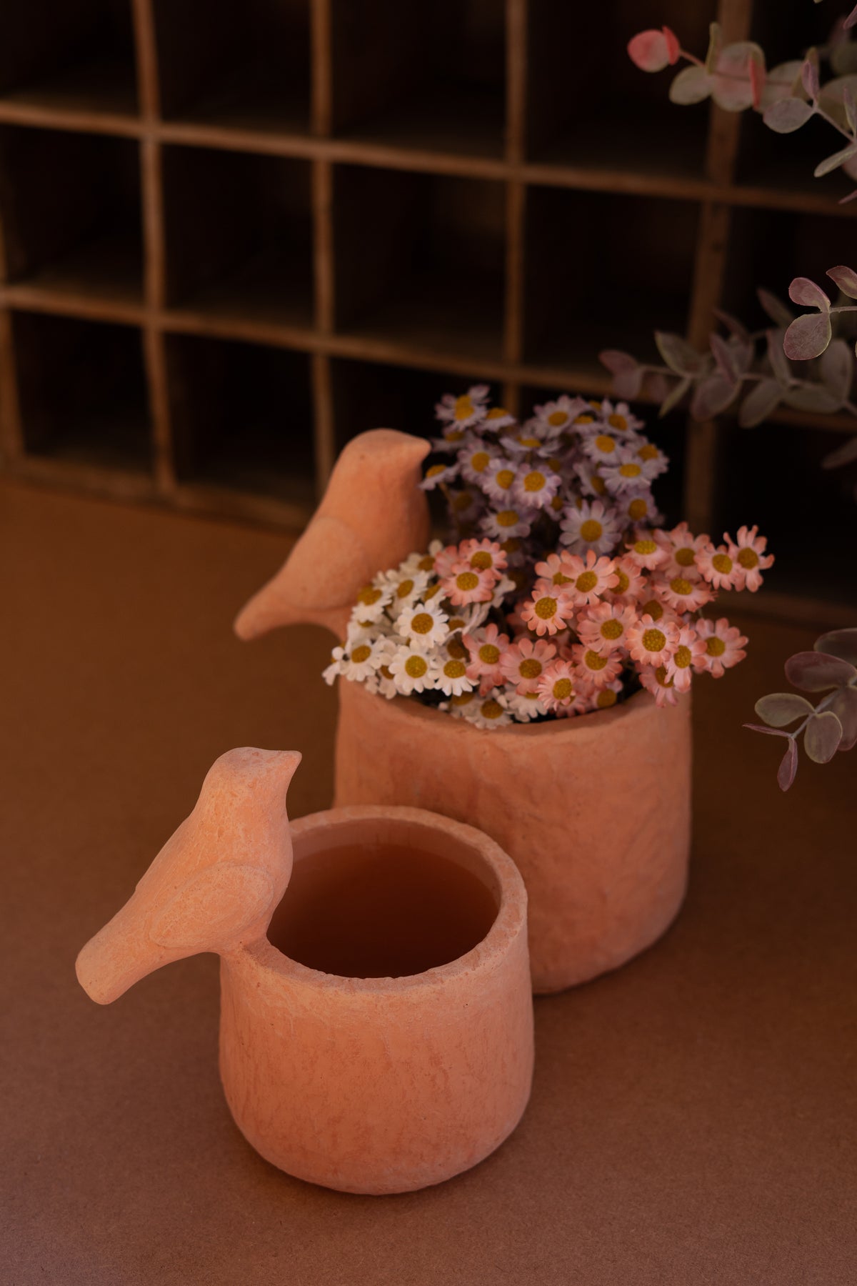 Set of Two Concrete Planters with Birds - Terracotta