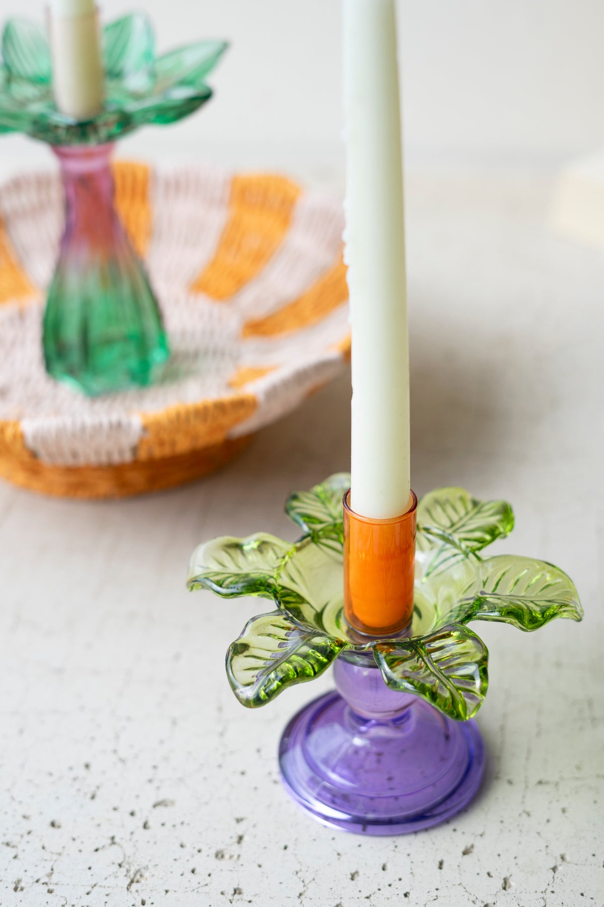 Set of Two Colored Glass Flower Taper Candle Holders