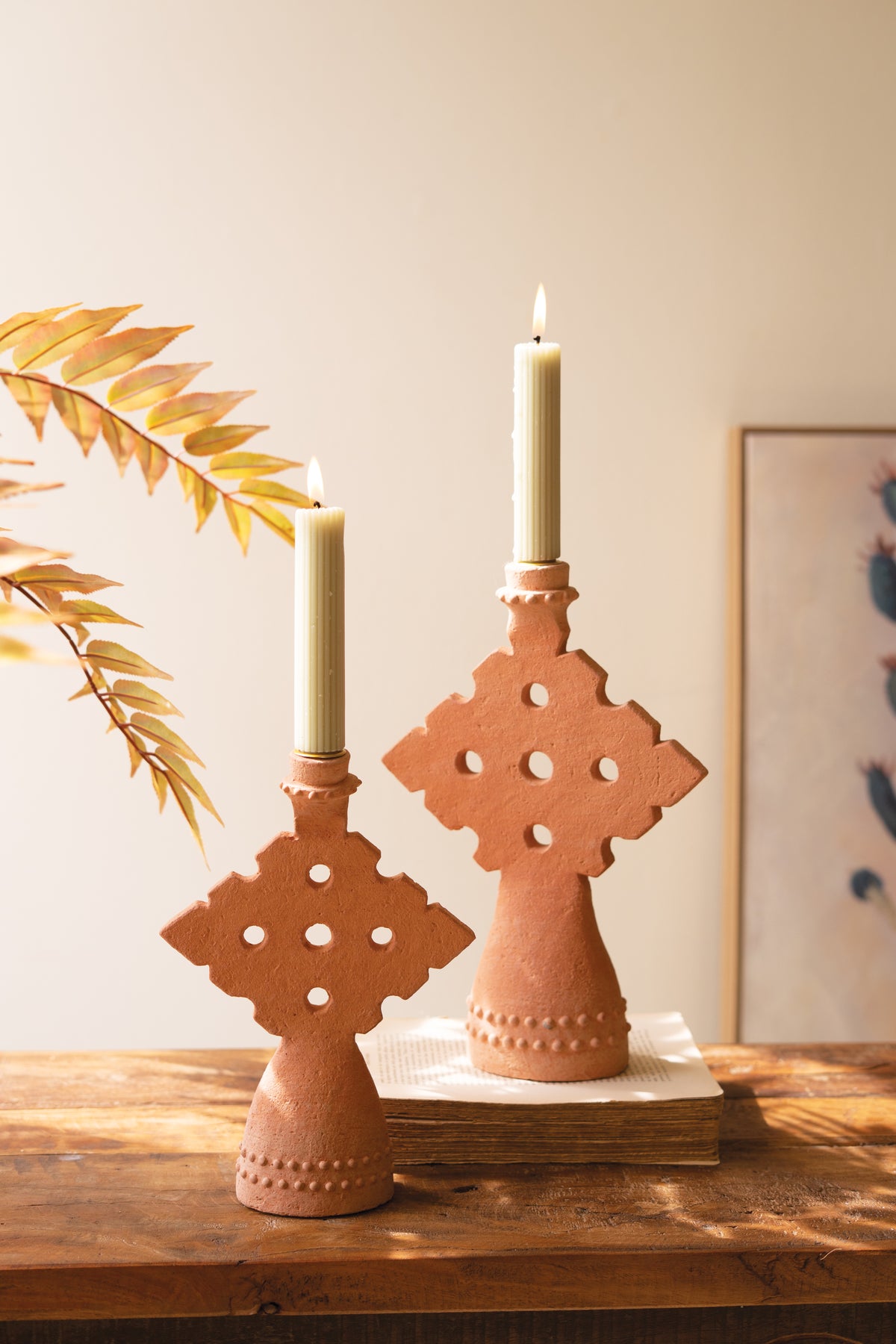 Set of Two Terracotta Taper Candle Holders