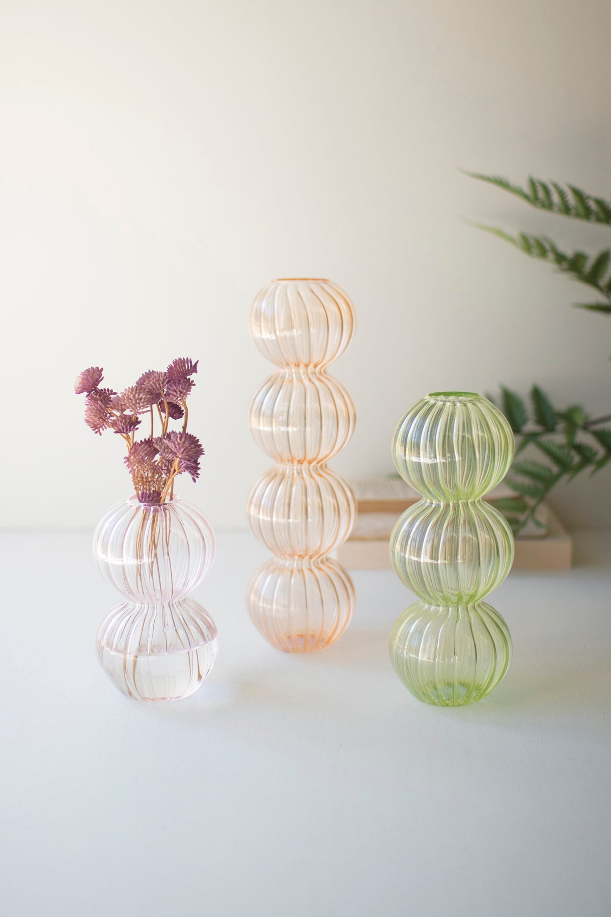 Set of Three Fluted Glass Stacking Ball Vases - One Each Color