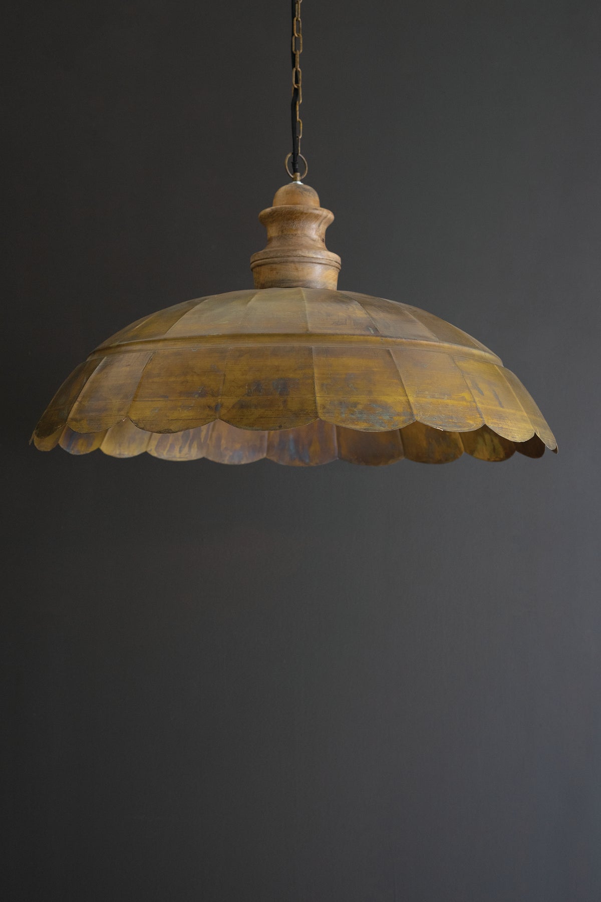 Antique Brass Pendant Light with Wood Detail 31" Dia.