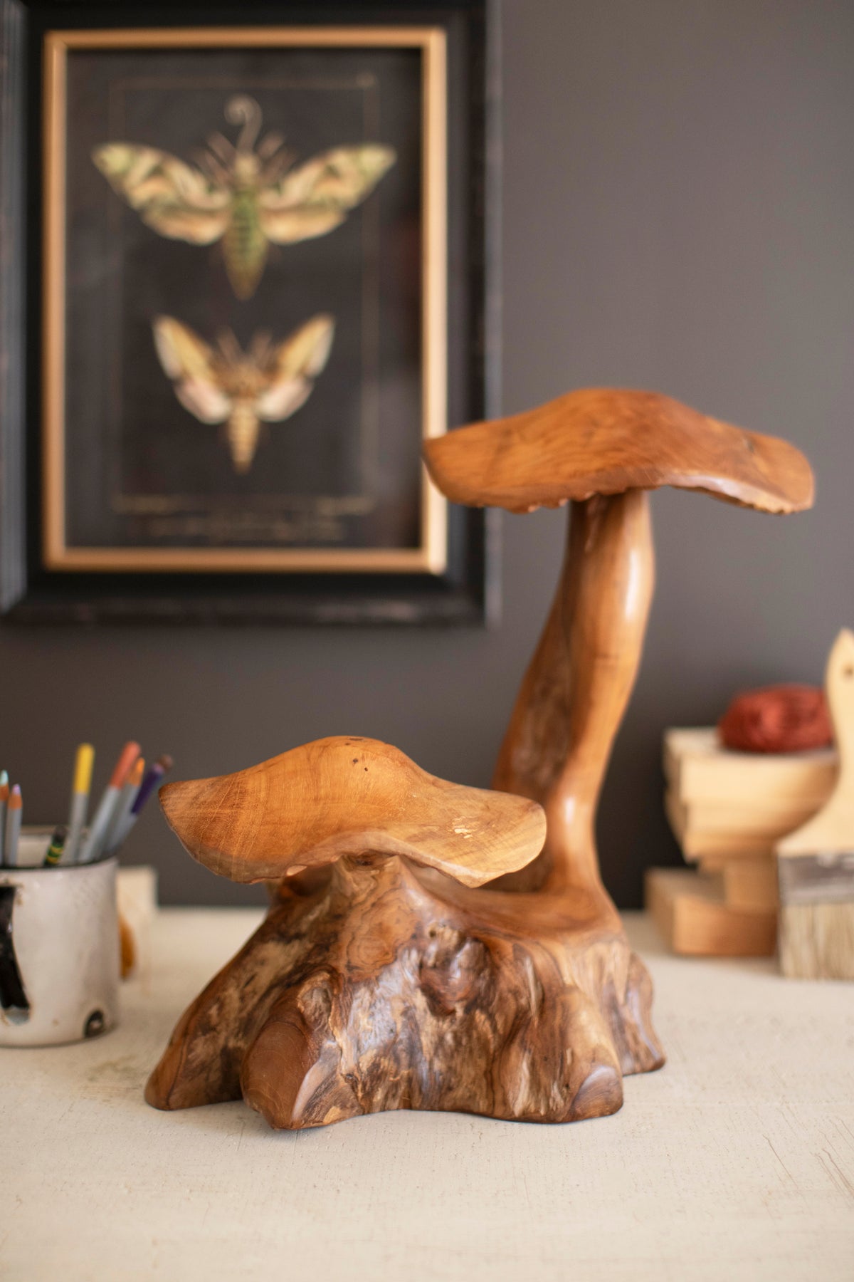 Double Teak Mushroom Sculpture
