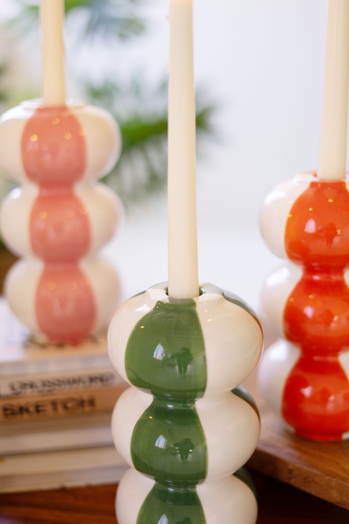 Set of Four Ceramic Striped Taper Candle Holders