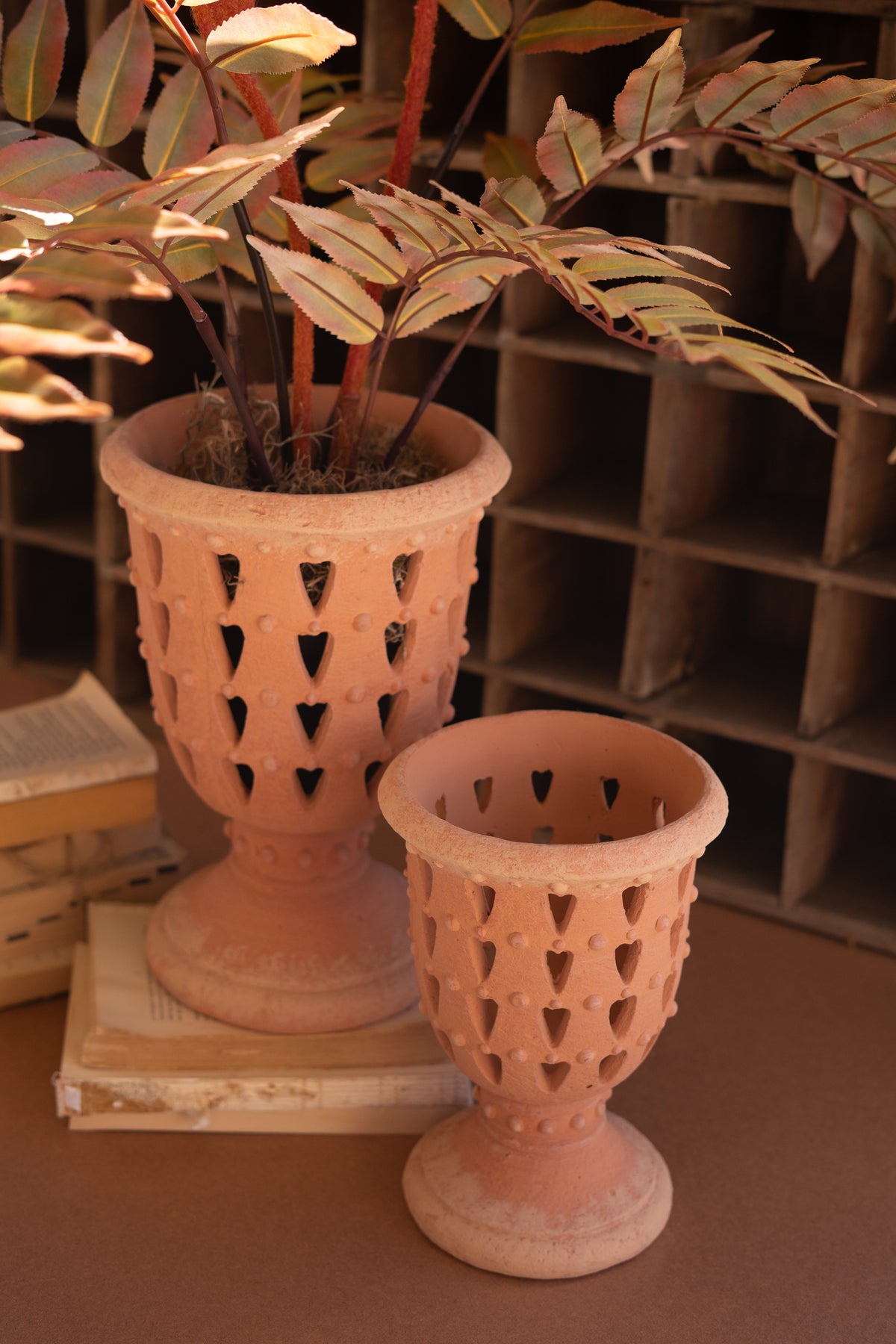 Set of Two Concrete Perforrated Urns - Terracotta