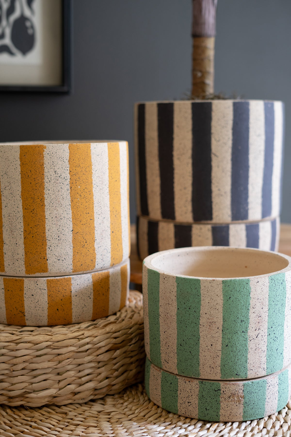 Set of Three Clay Planters with Striped Details + Trays -One Each Size