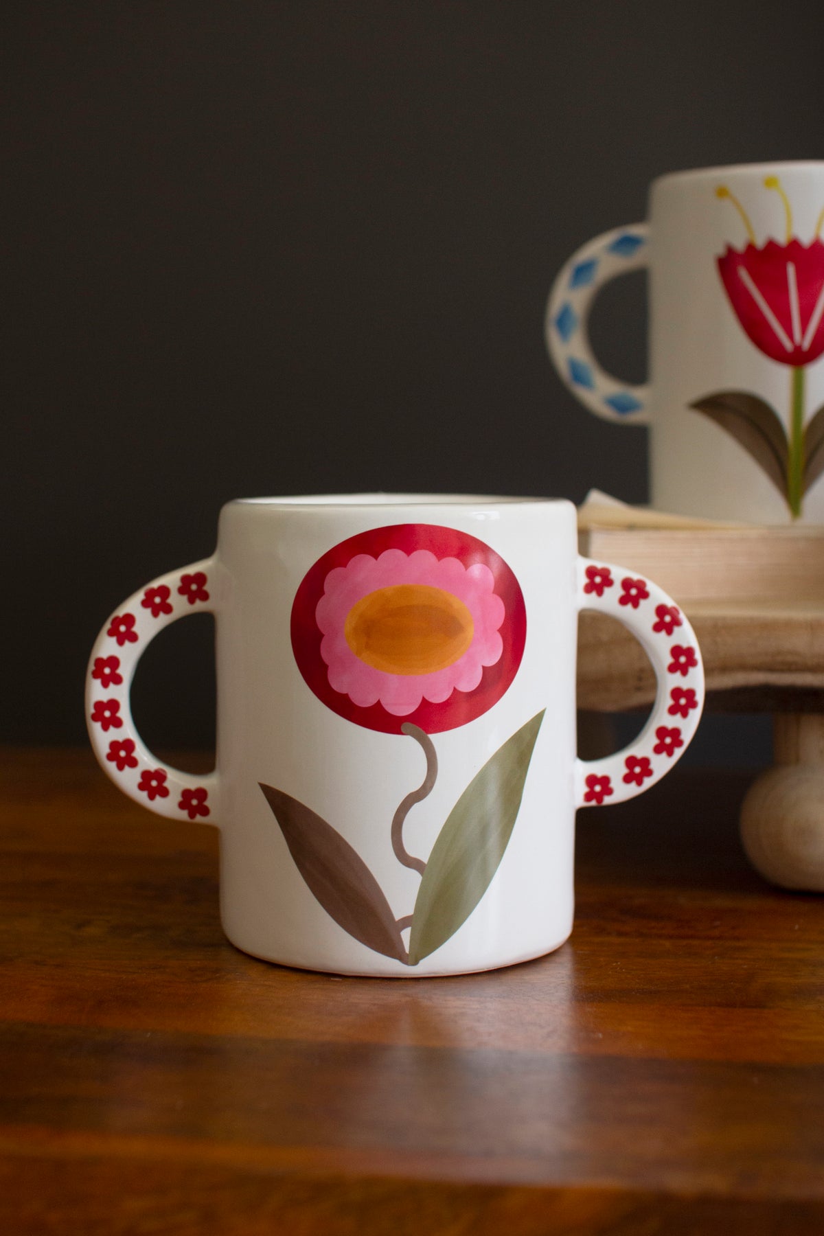 Set of Three Ceramic Doule Handle Vases with Flowers