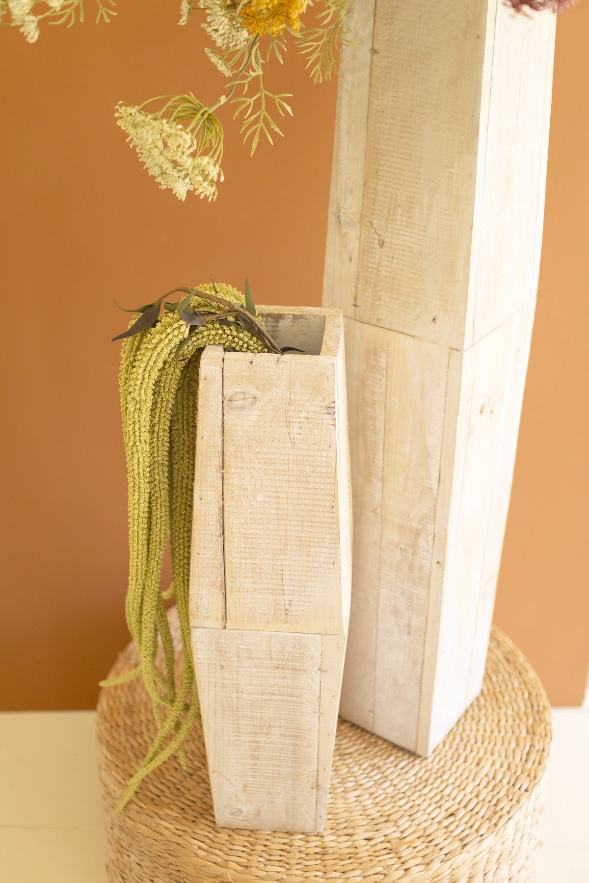 Set of Two White-Washed Tall Oblong Wooden Vases