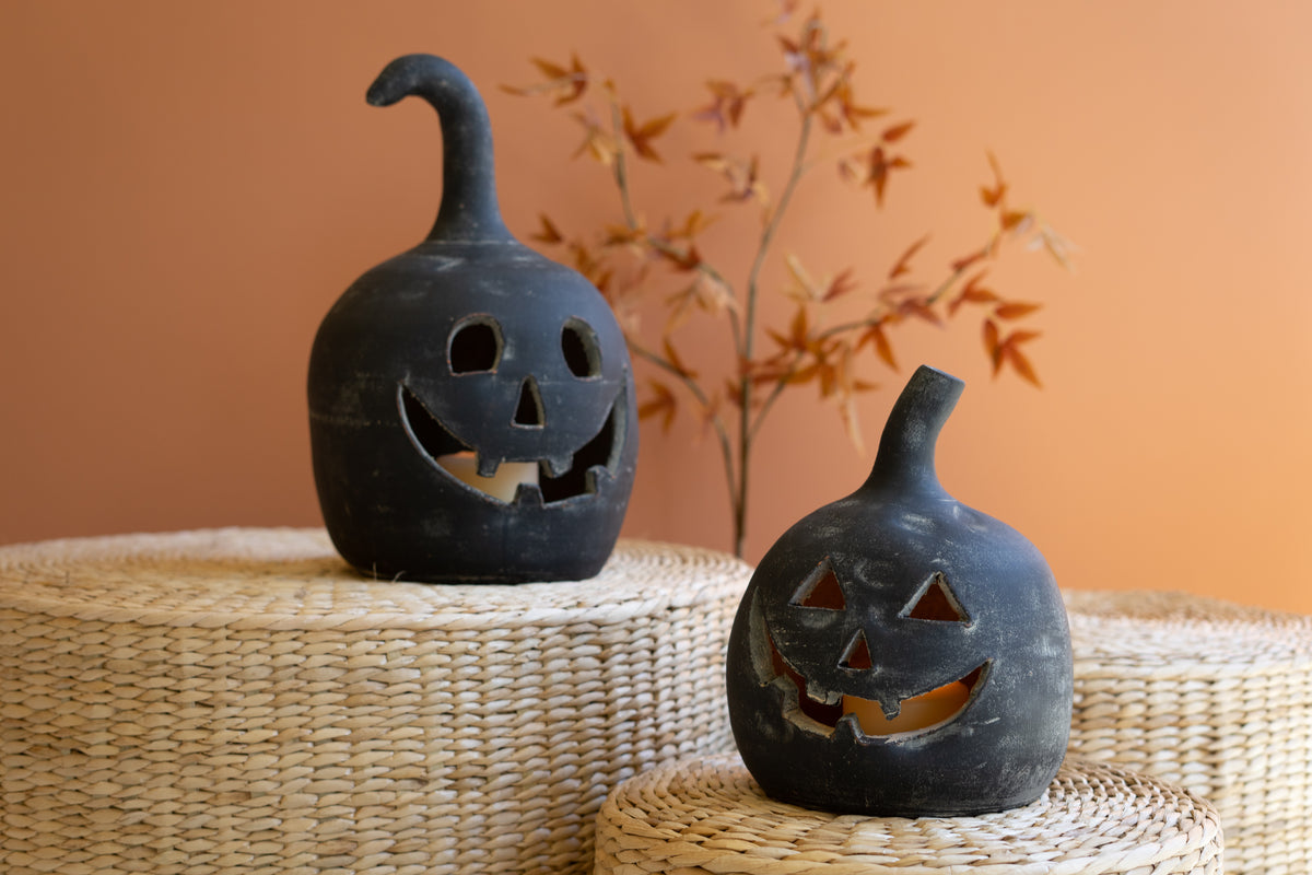 Set of Two Black Clay Jack-O-Lanterns